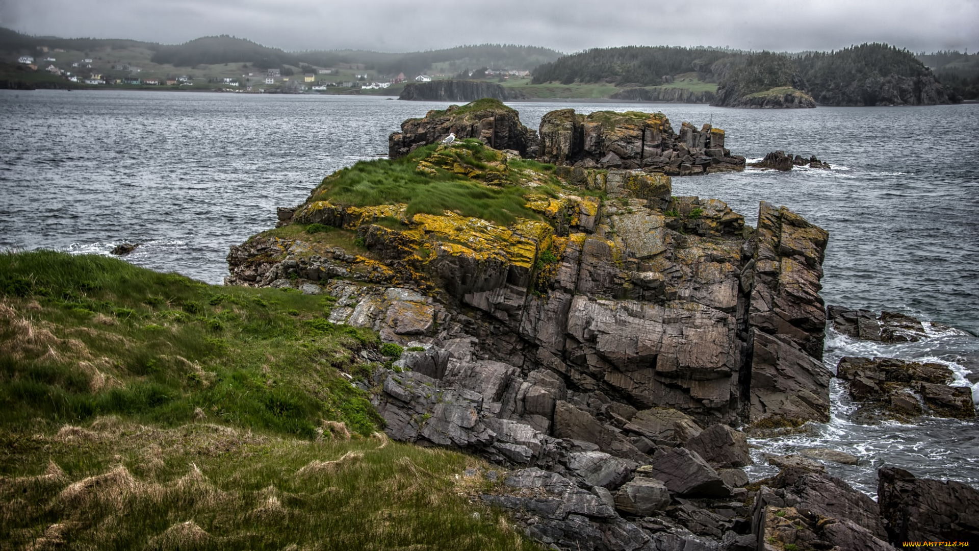 природа, побережье, море, берег, камни, холмы, дымка