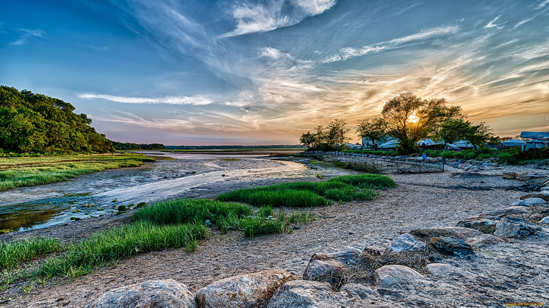 природа, реки, озера, река, деревья, облака, солнце, камни, трава, пляж