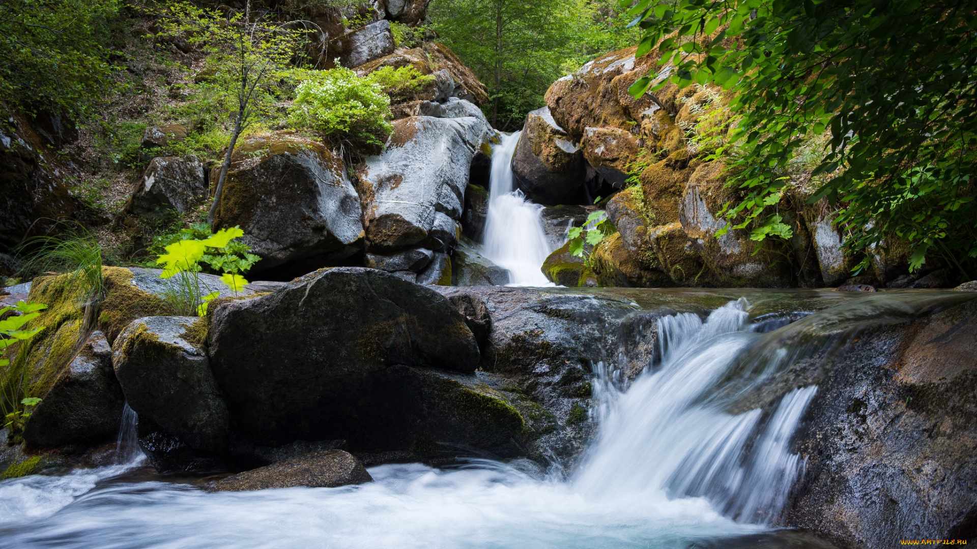 природа, водопады, лес, река, камни, водопад