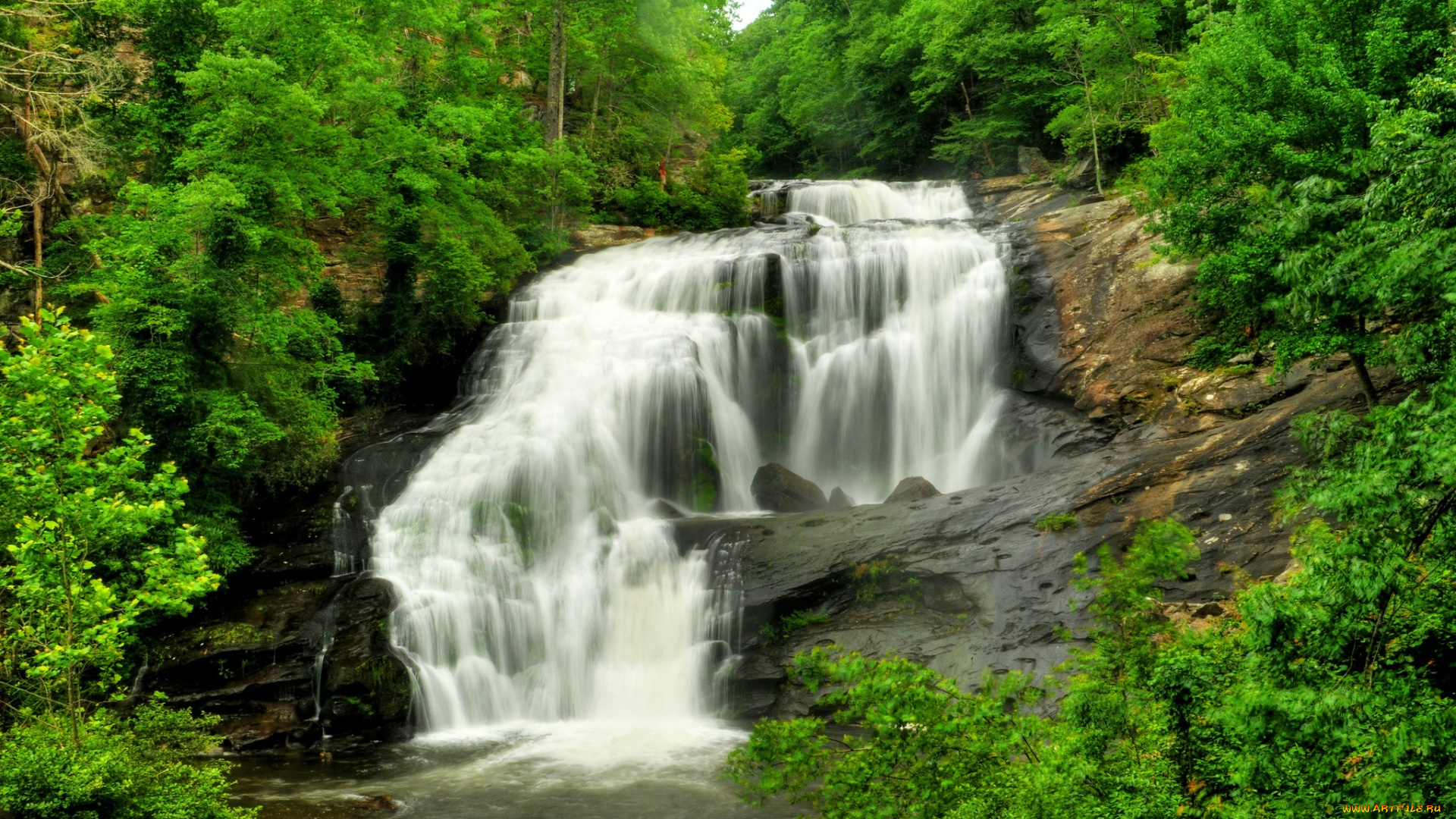 природа, водопады, река, обрыв, лес, водопад