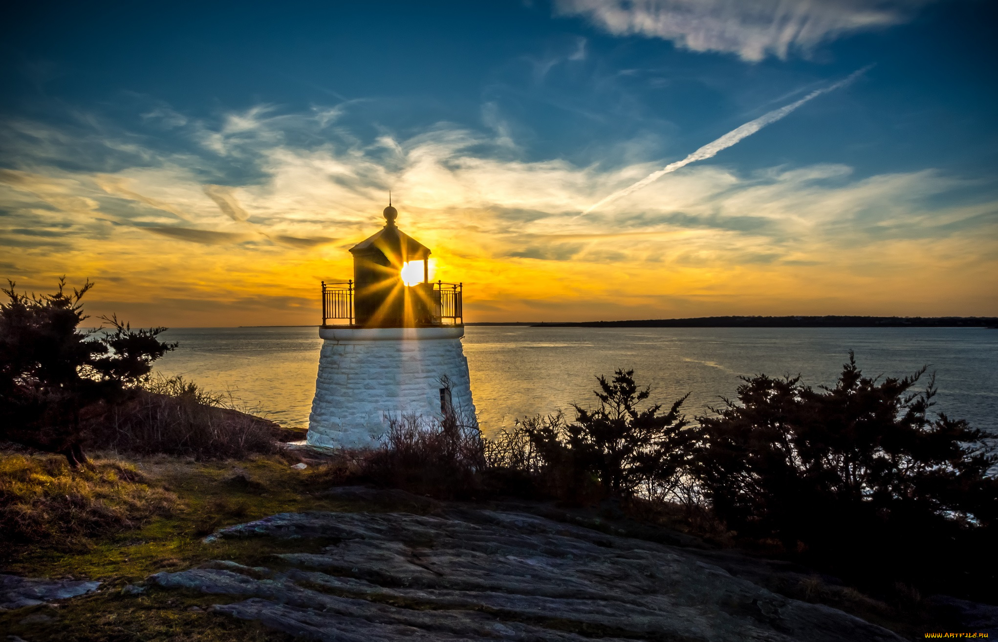 природа, маяки, вечер, лучи, солнце, тучи, маяк, океан