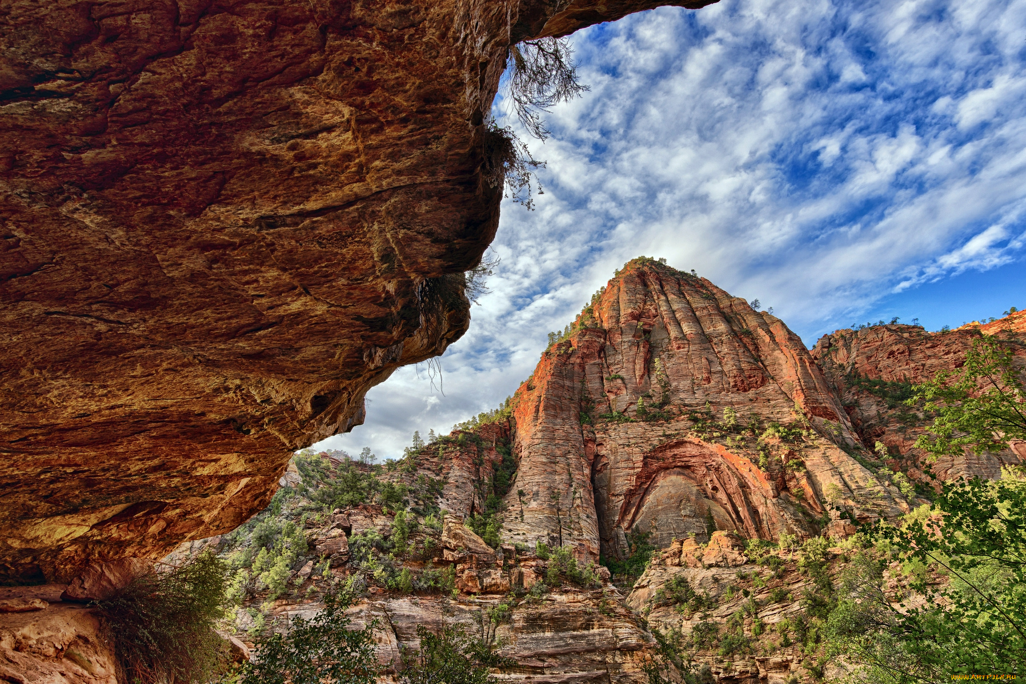 природа, горы, скалы, растительность, облака