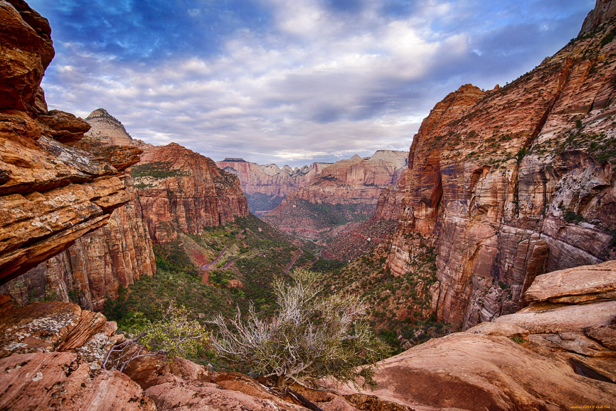 природа, горы, ущелье, растительность, облака, скалы