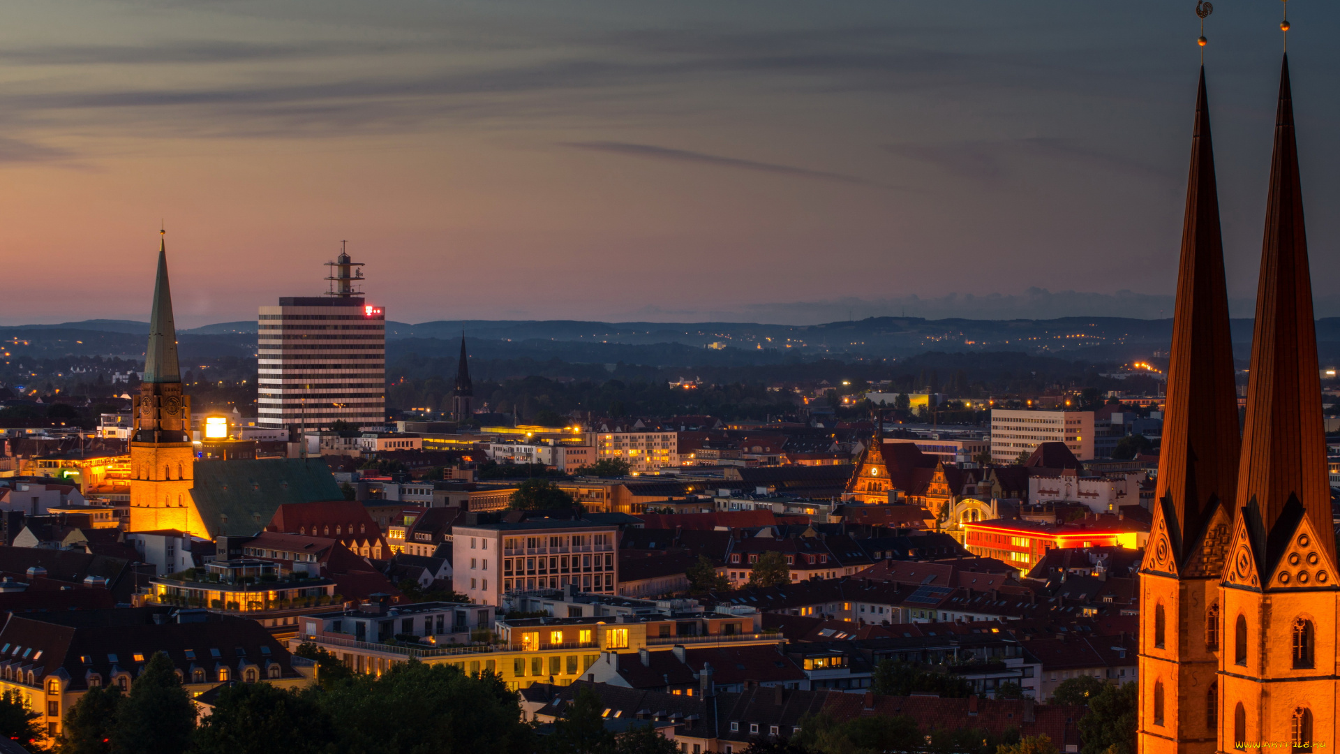 билефельд, германия, города, -, огни, ночного, города, панорама, германия, дома, ночь, огни, билефельд
