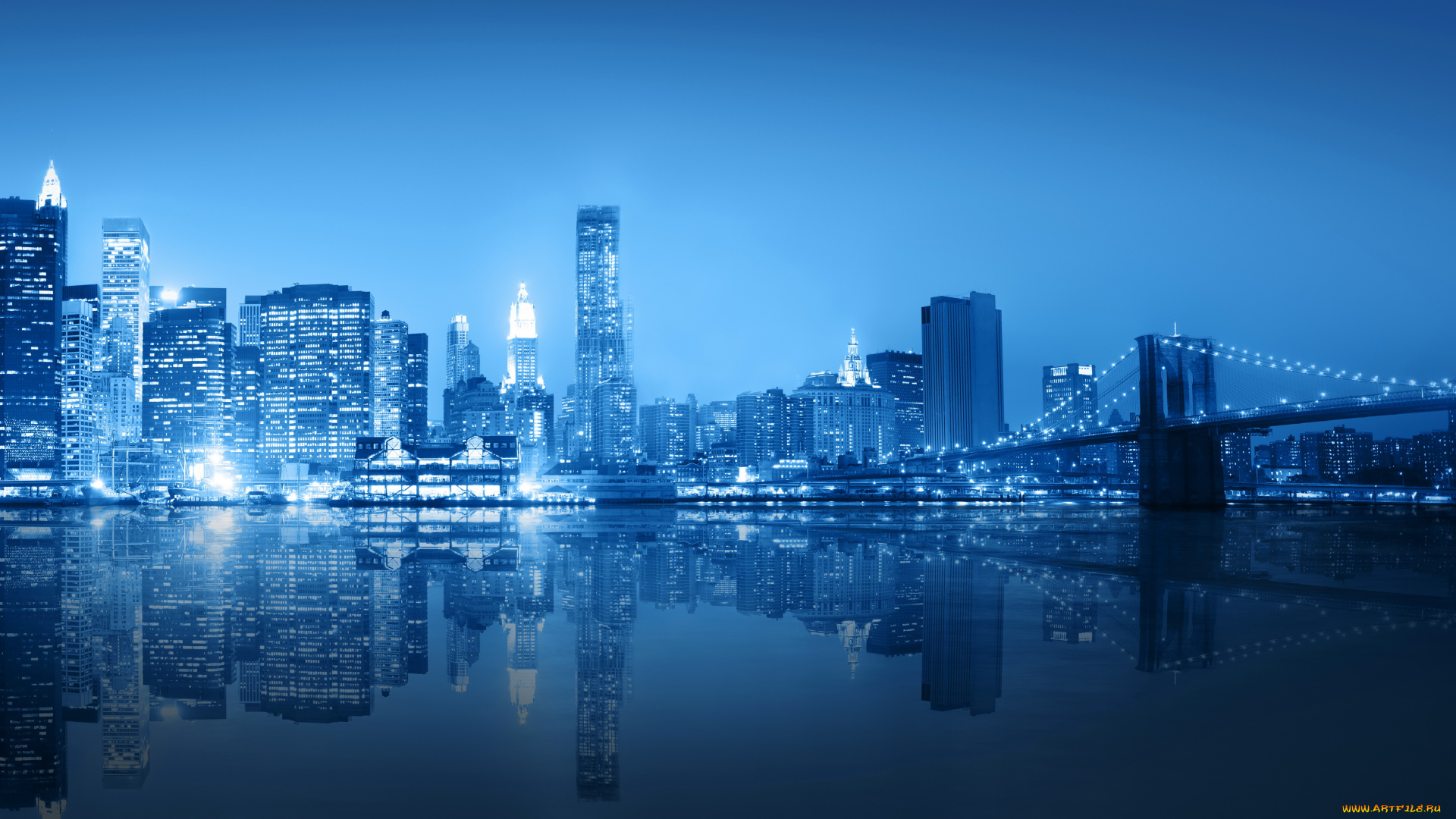 города, нью-йорк, , сша, река, мост, небоскребы, ночь, нью-йорк
