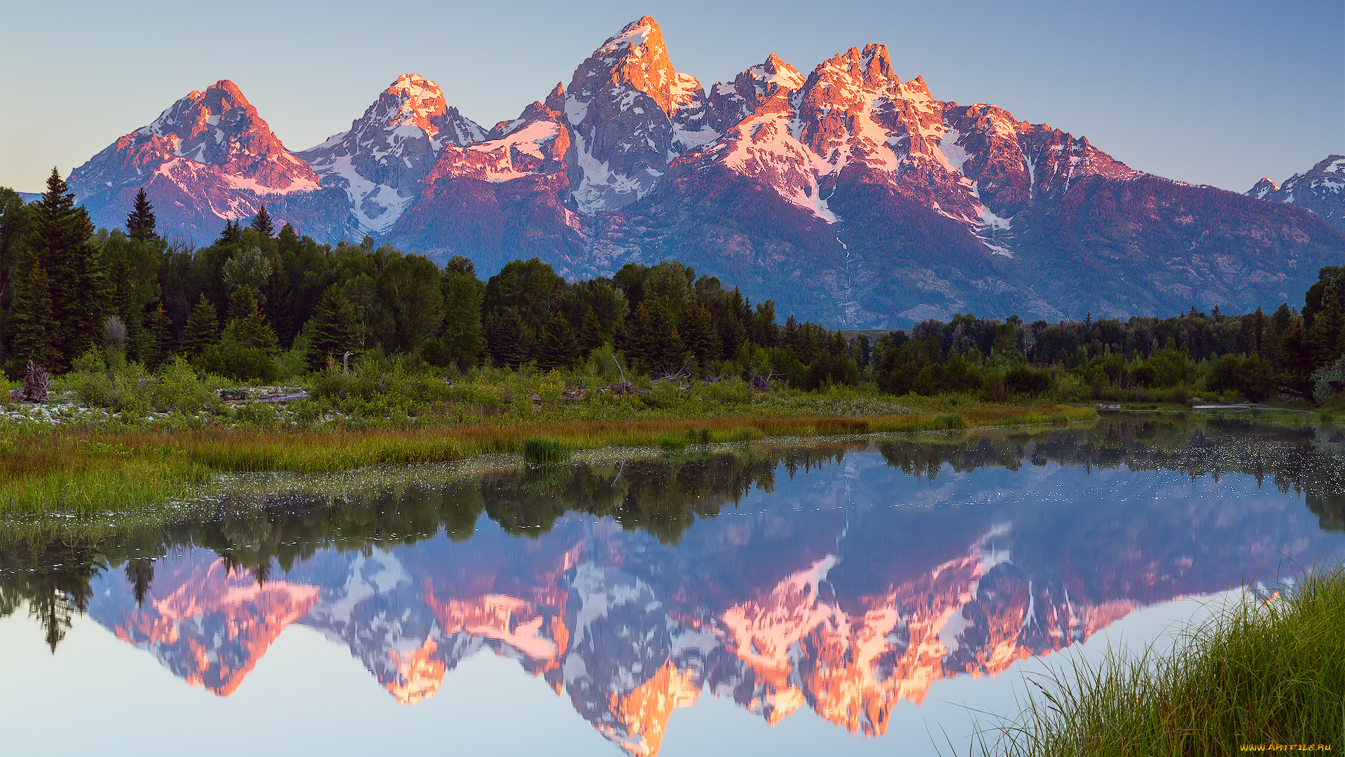 природа, реки, озера, июль, лето, рано, утро, отражения, штат, вайоминг, сша, небо, облака, вода, лес, горы, schwabachers, landing, национальный, парк, гранд-титон