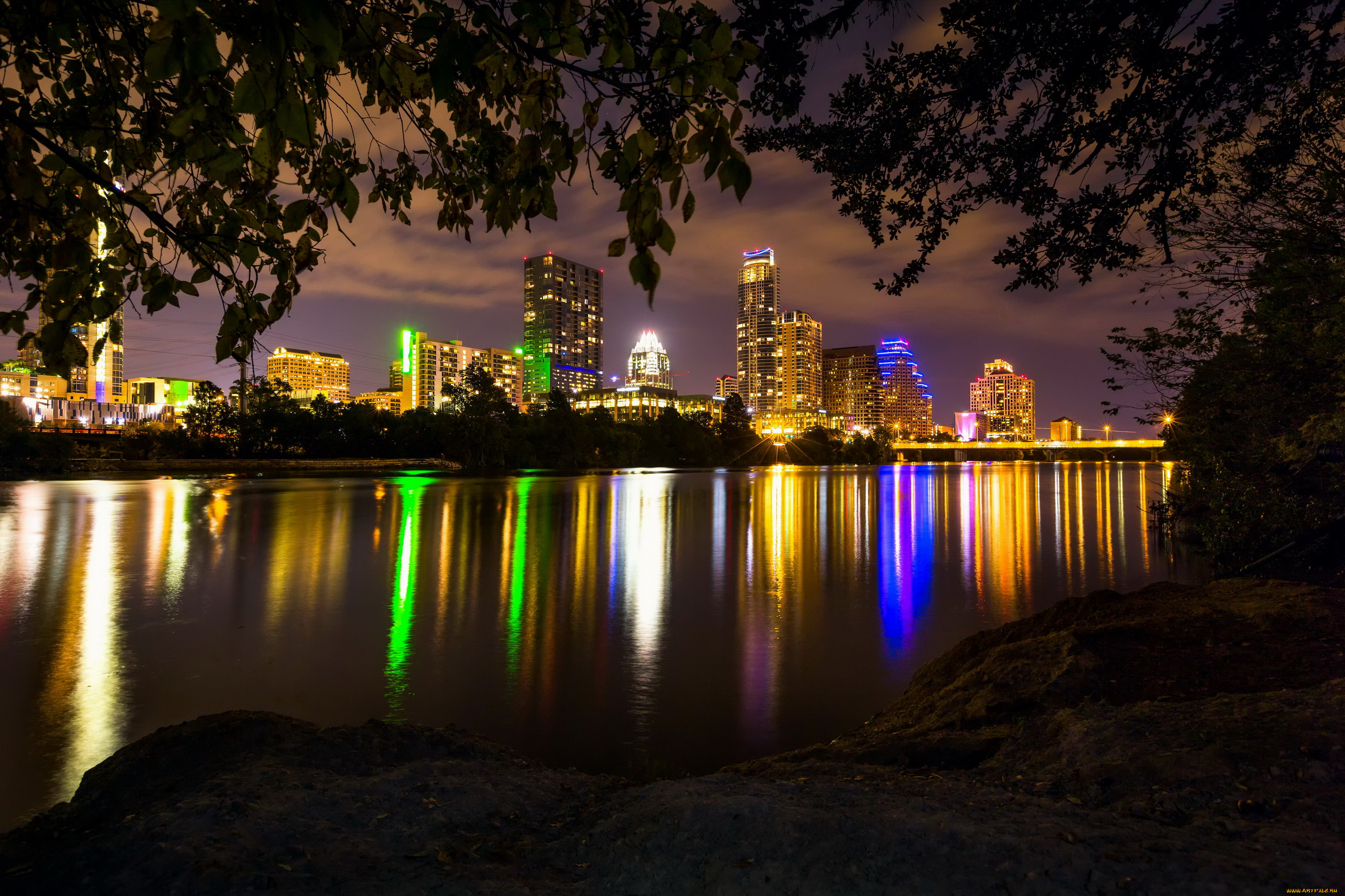остин, техас, города, -, огни, ночного, города, austin, texas, остин, дома, река, ночь, огни