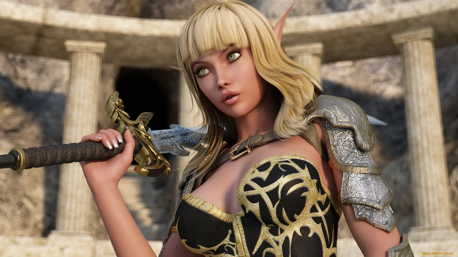 3д, графика, эльфы, , elves, девушка, фон, взгляд, эльф, меч