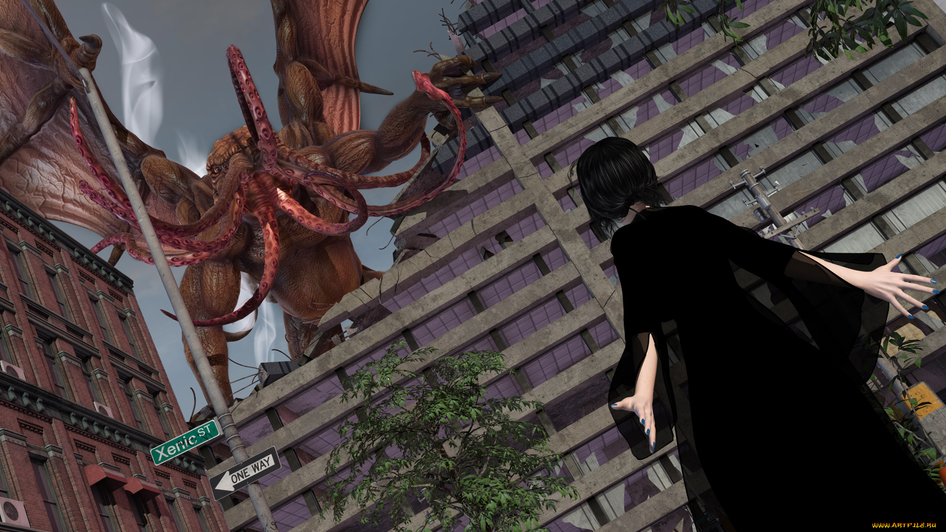 3д, графика, фантазия, , fantasy, дома, существо, фон, взгляд, девушка