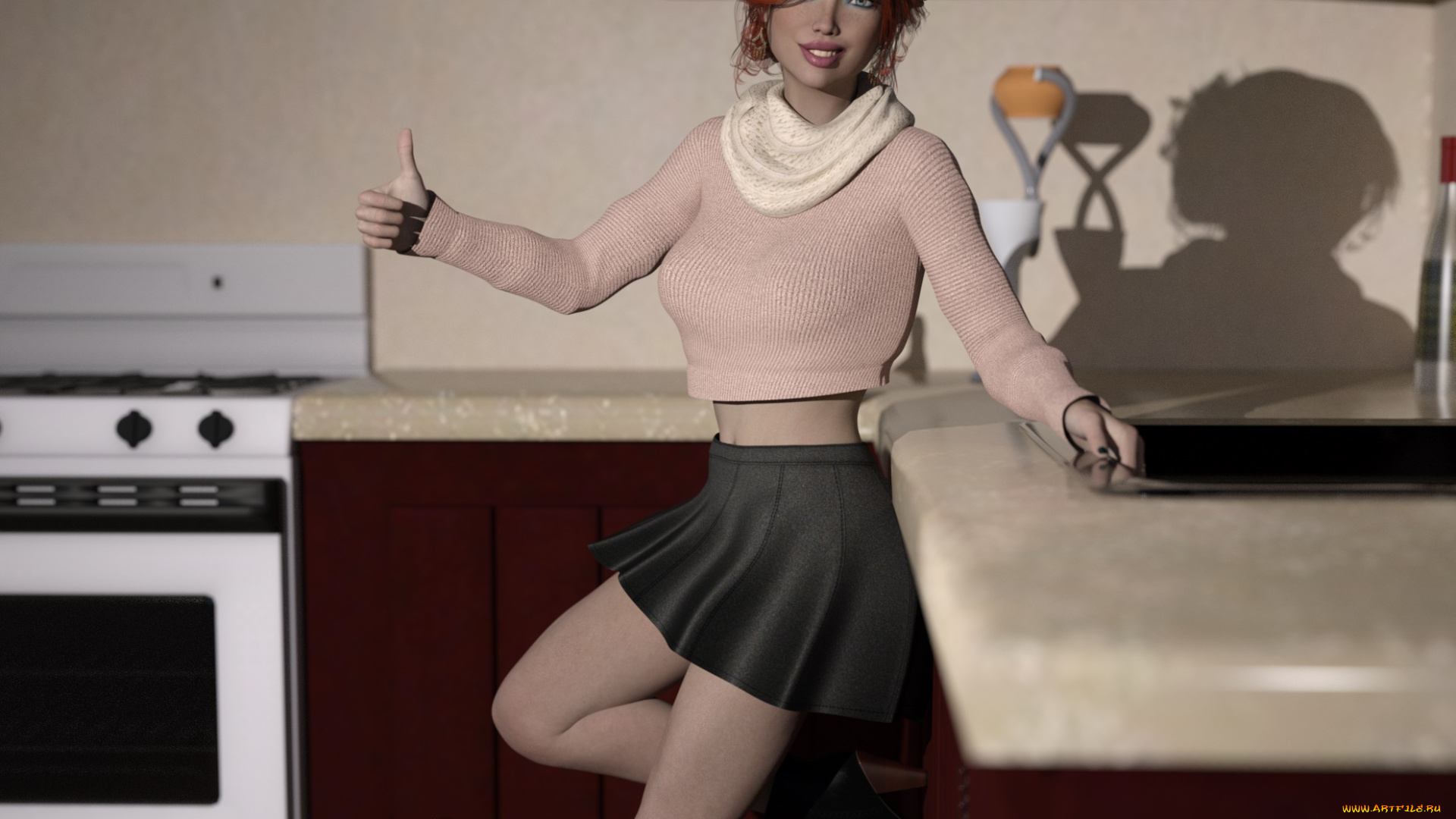 3д, графика, люди, , people, кухня, фон, взгляд, девушка