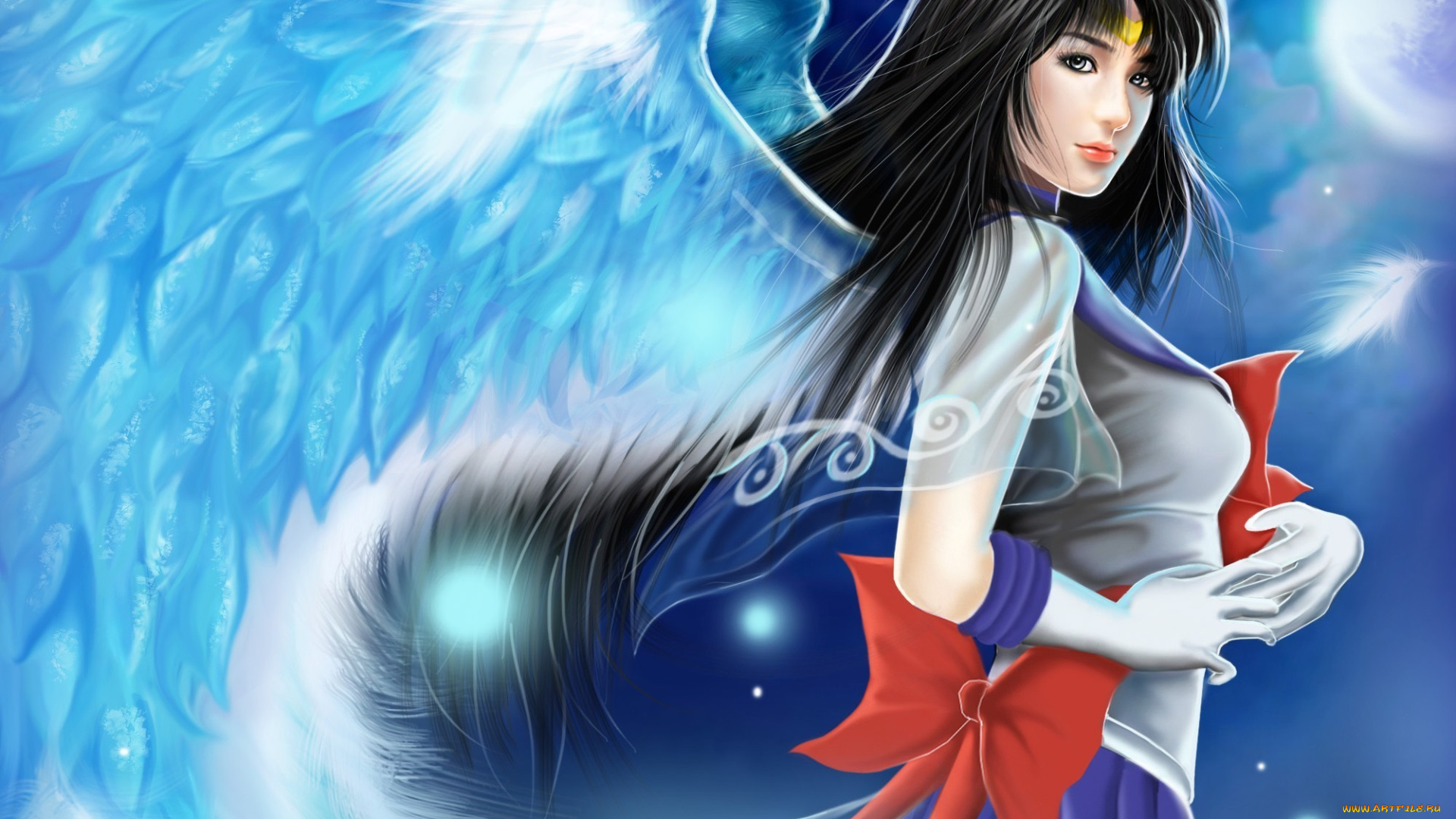 аниме, sailor, moon, перья, банты, крылья, девушка, sailor, saturn, перчатки, арт, bishoujo, senshi, moon, tiodpraz