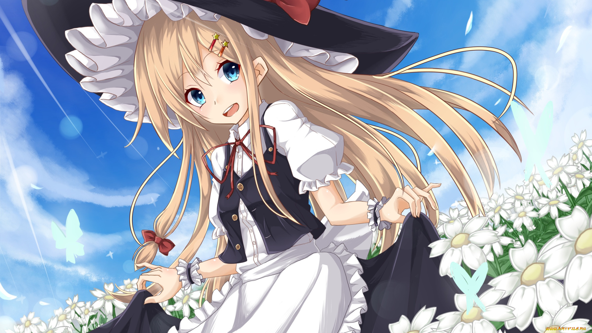 аниме, touhou, цветы, девушка, шляпа, арт, rugaru, kirisame, marisa