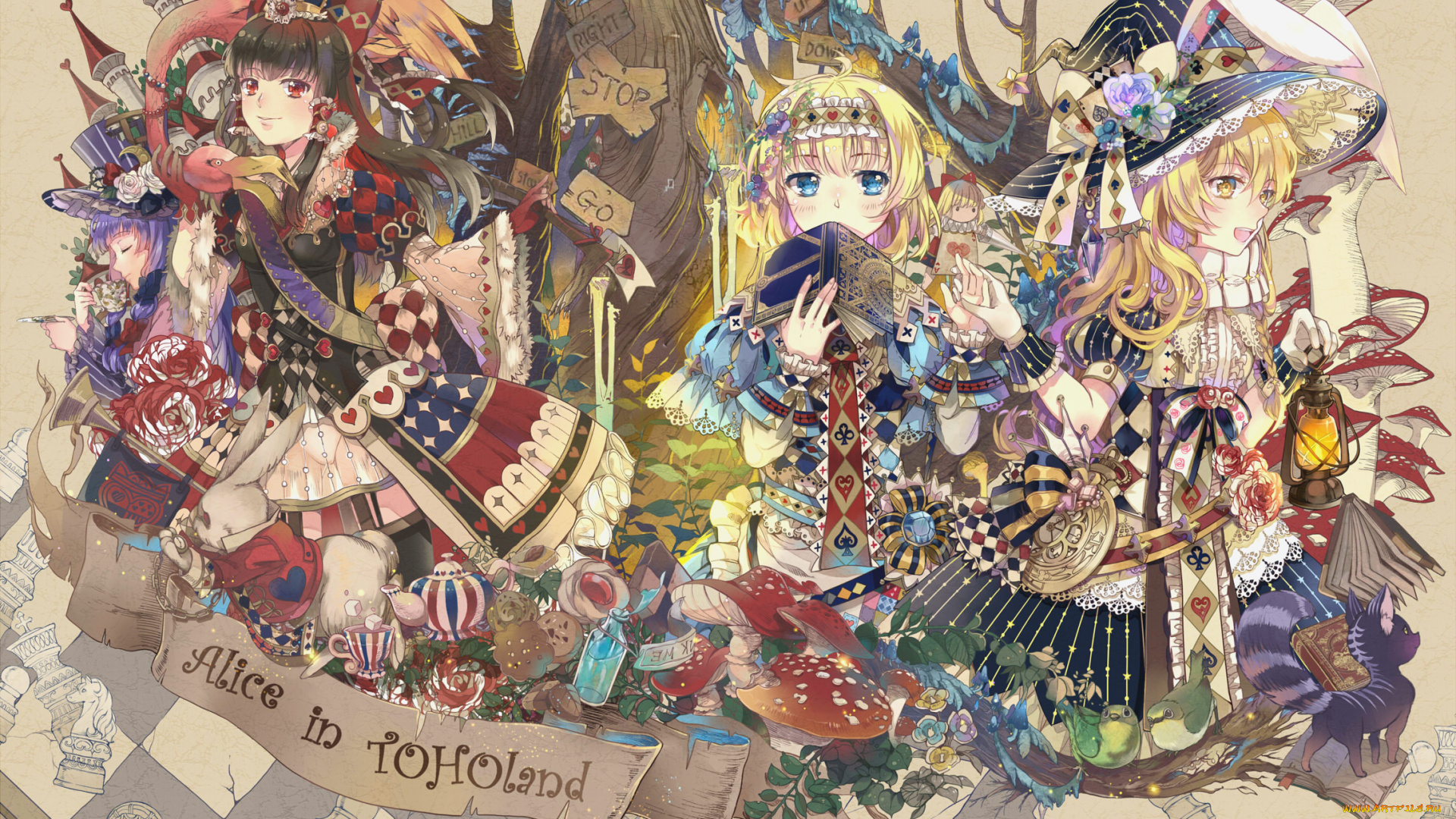 аниме, touhou, hakurei, reimu, alice, margatroid, in, wonderland, девушки, арт, patchouli, knowledge, ekira, nieto, kirisame, marisa, hourai