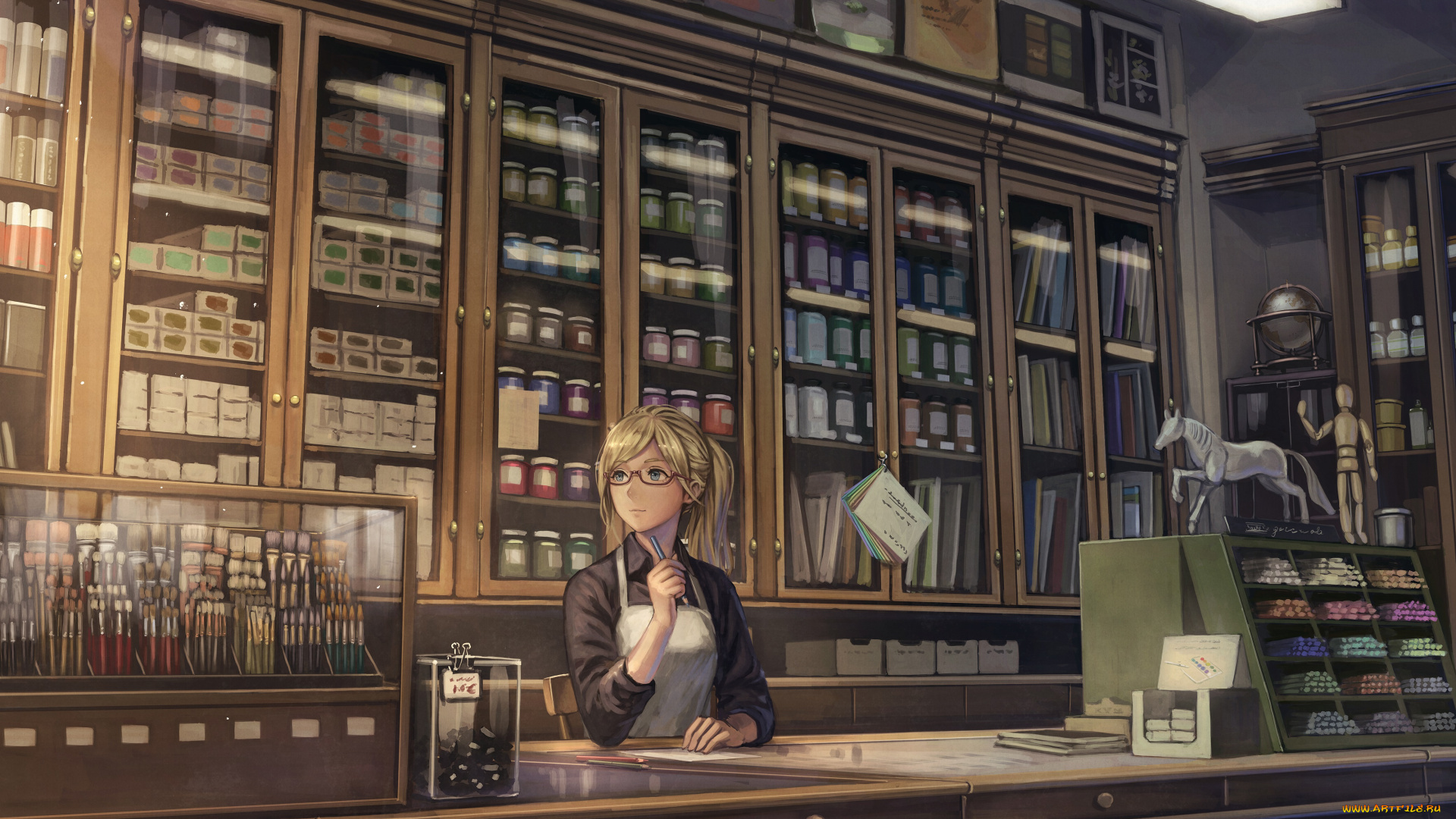 аниме, unknown, , другое, краски, магазин, баночки, полки, девушка, кисточки, арт, anbe, yoshirou