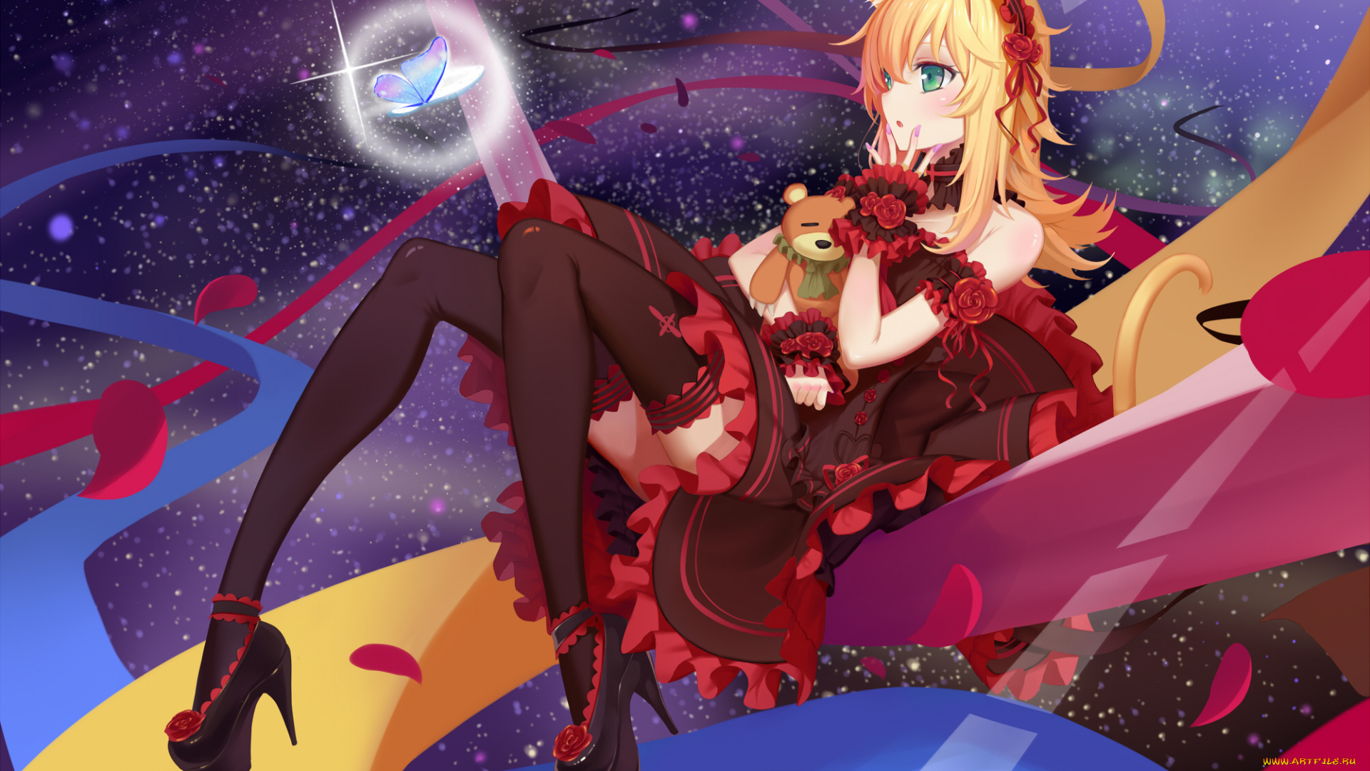 аниме, животные, , существа, взгляд, фон, бабочка, девушка