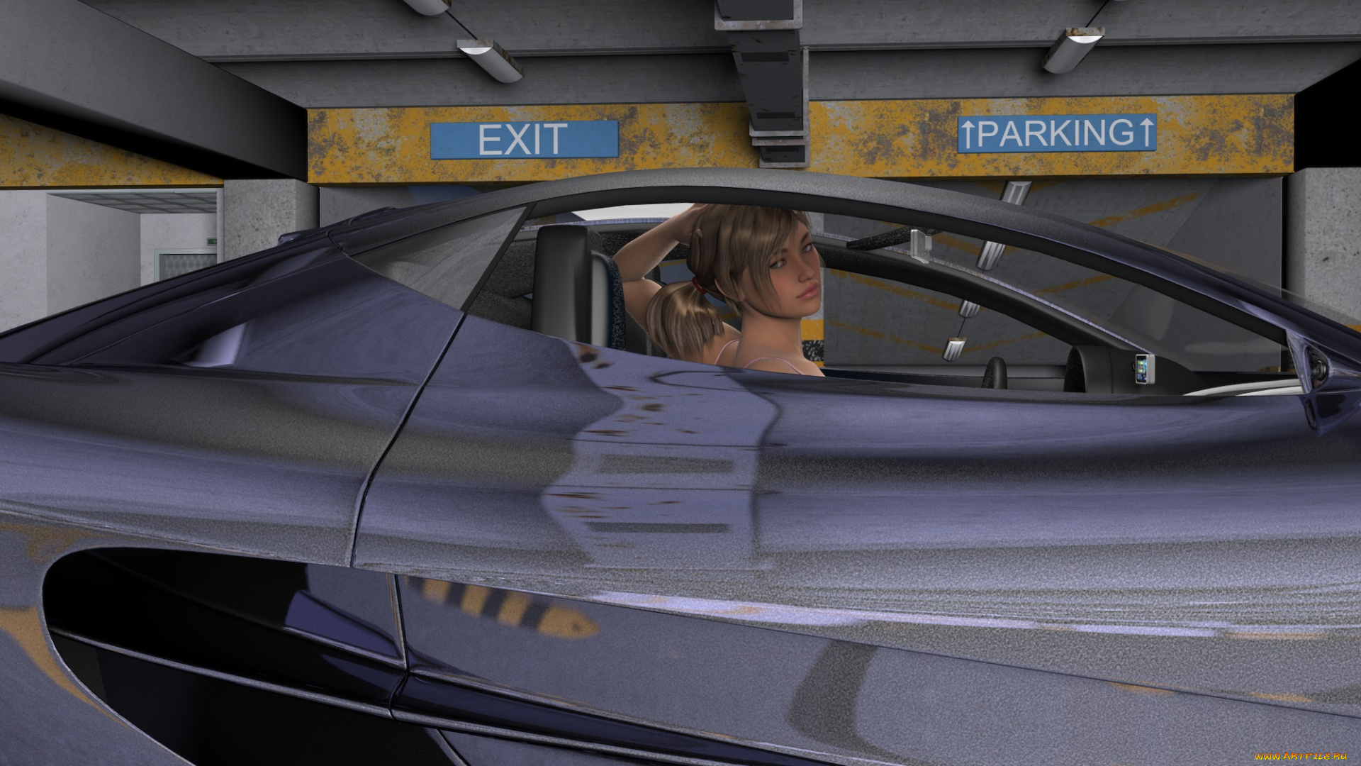 автомобили, 3d, car&girl, фон, взгляд, девушка, автомобиль