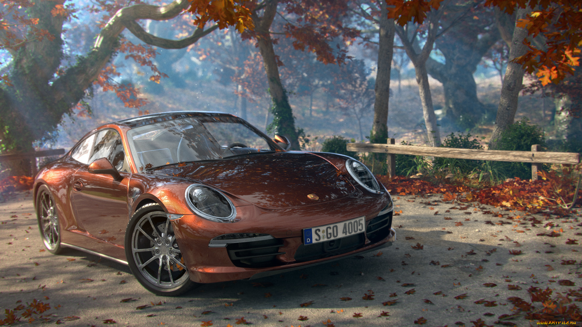 автомобили, 3д, дорога, деревья, арт, осень, листья, порше, машина, porshe, cayman