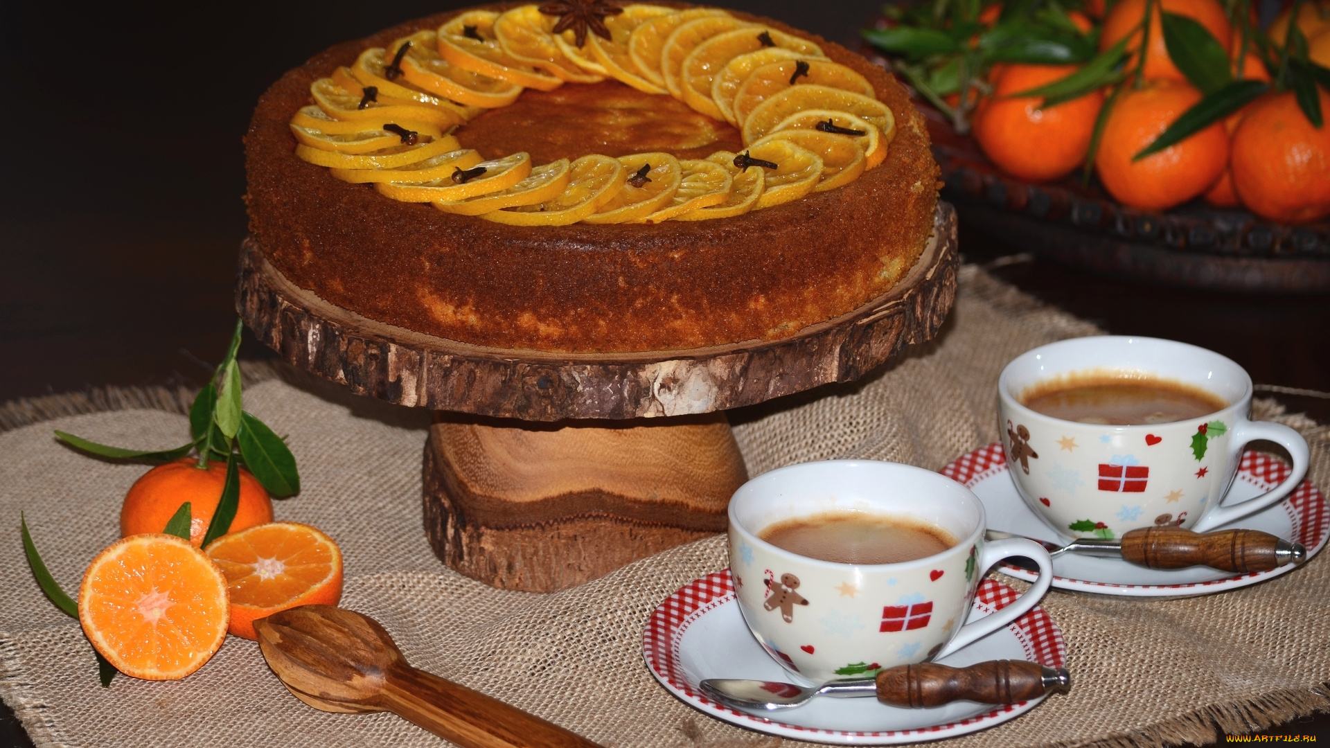 еда, торты, кофе, выпечка, специи, чашки, мандарины, торт