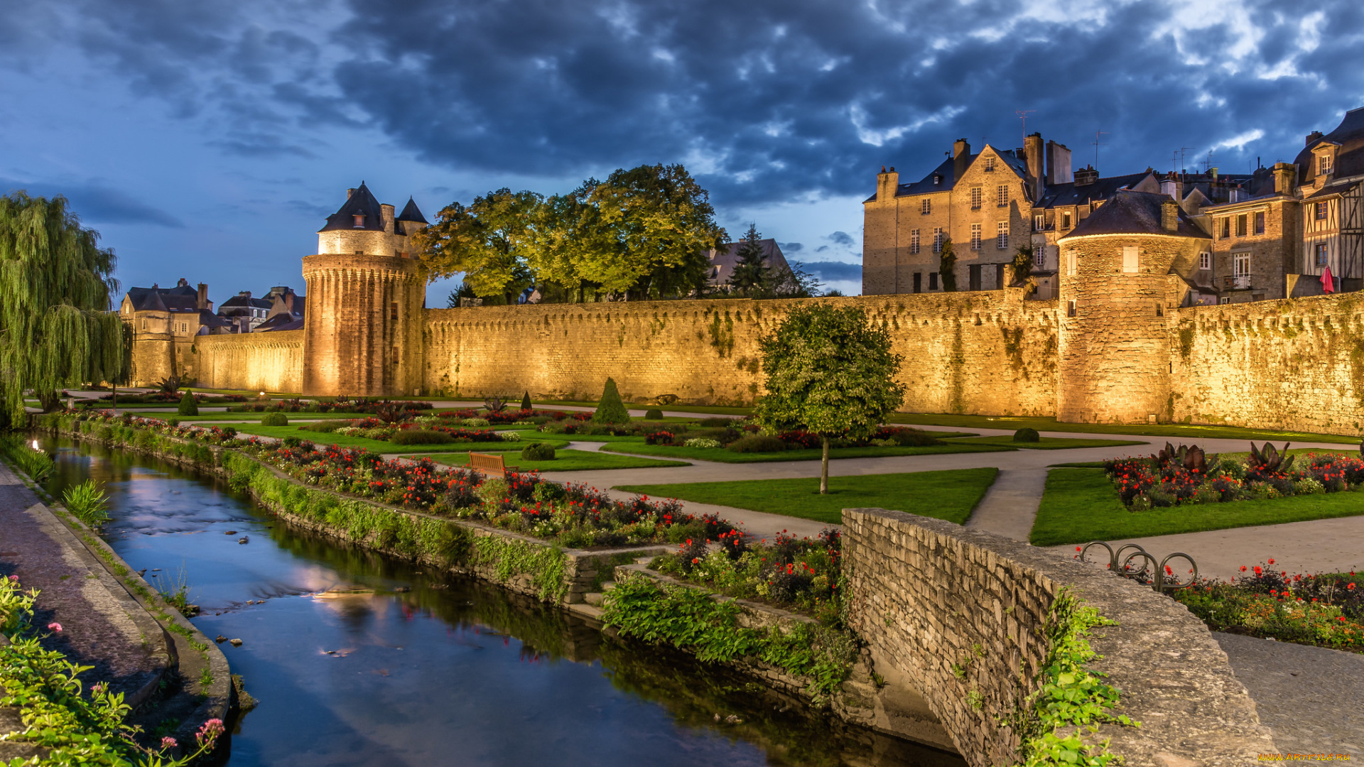 jardin, &, remparts, de, vannes, , bretagne, , france, города, замки, франции, река, замок