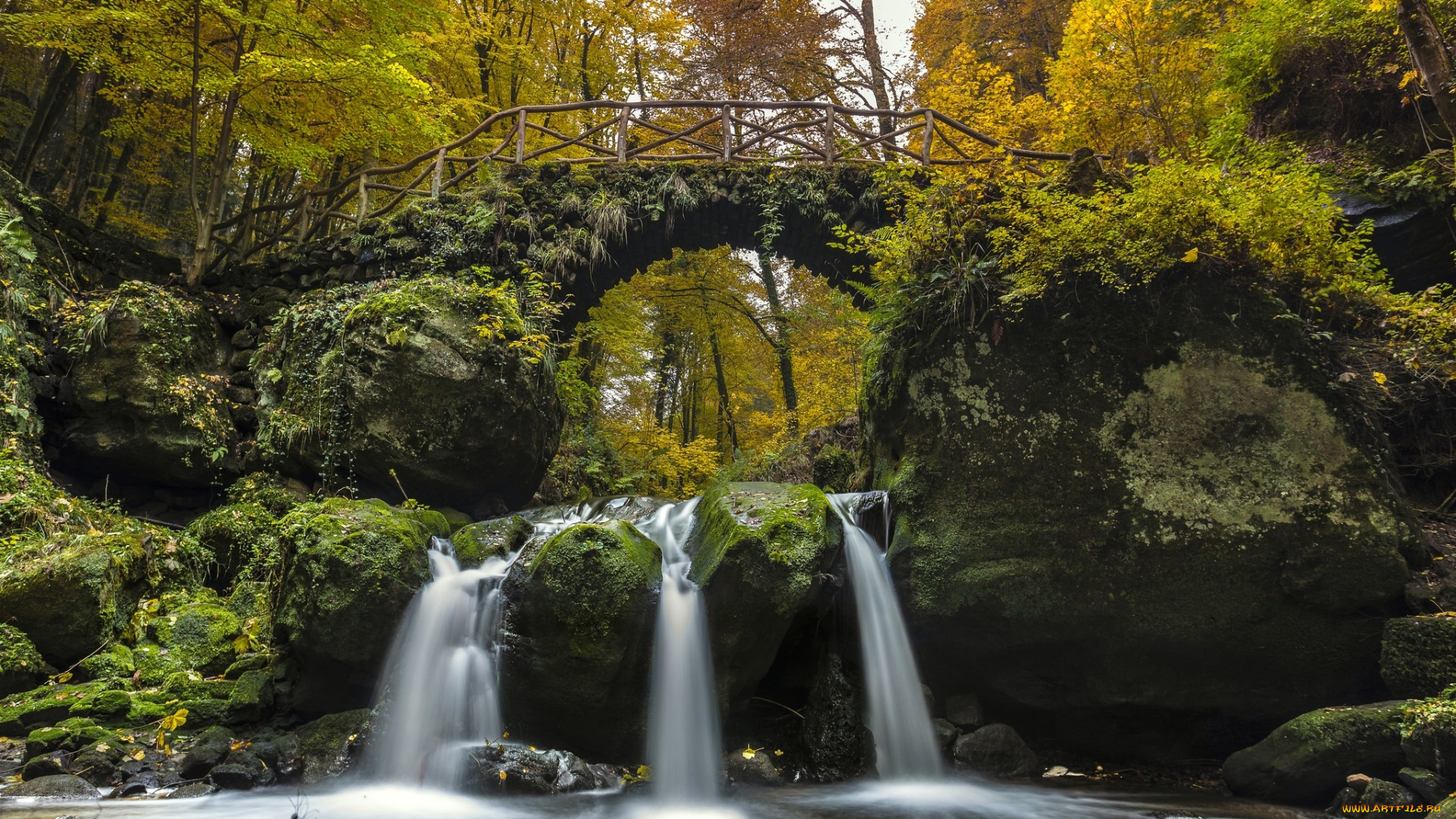 природа, водопады, река, мост, лес, осень, каскад, водопад