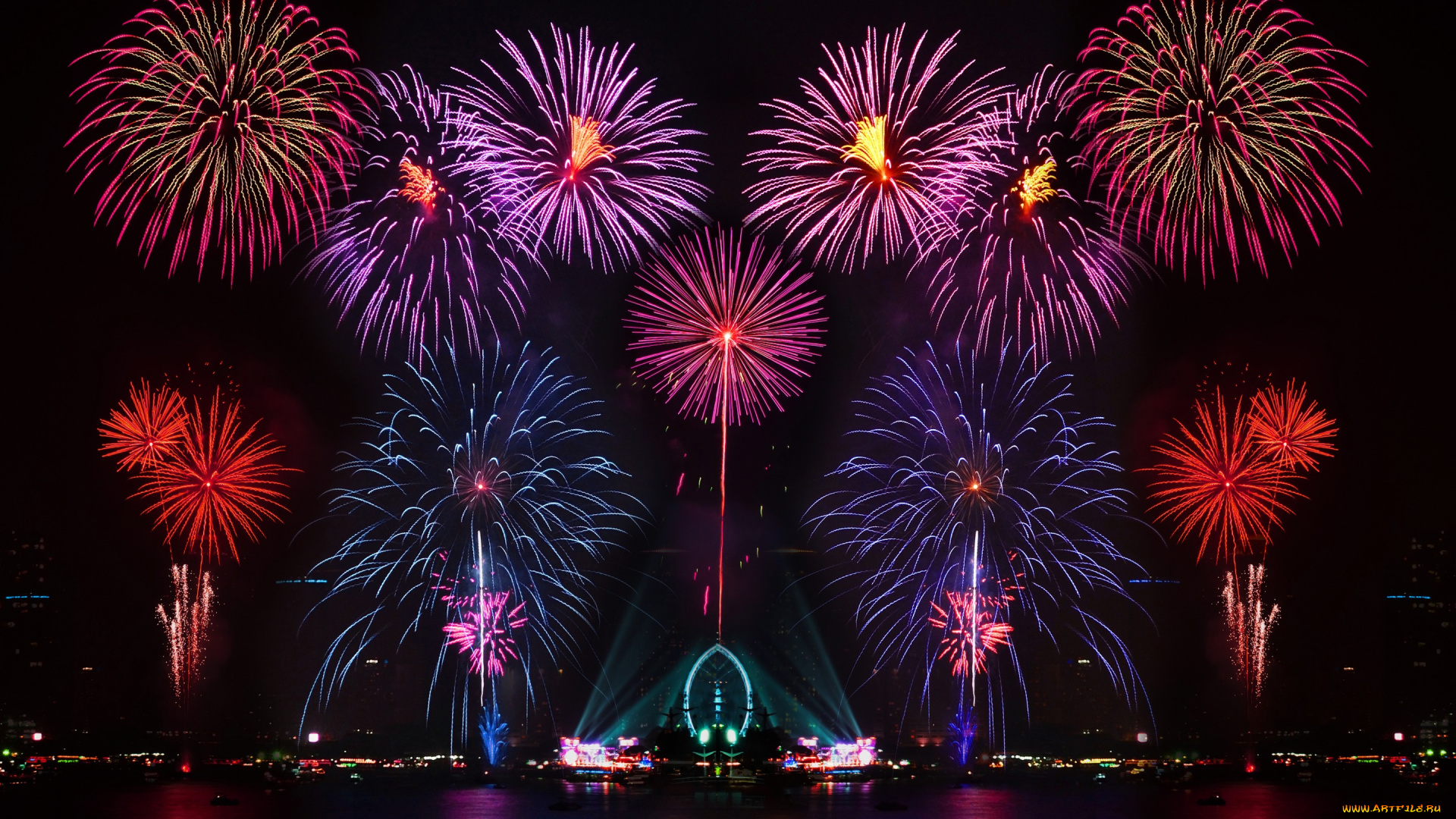 разное, салюты, , фейерверки, ночь, reflection, colorful, lights, night, fireworks, огни, салют, city, water