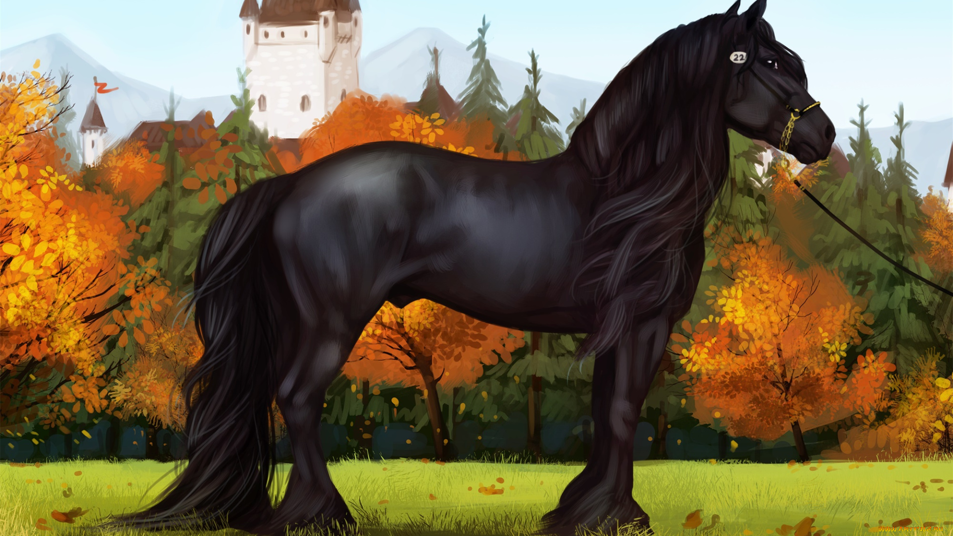 рисованное, животные, , лошади, фон, лошадь, осень, деревья