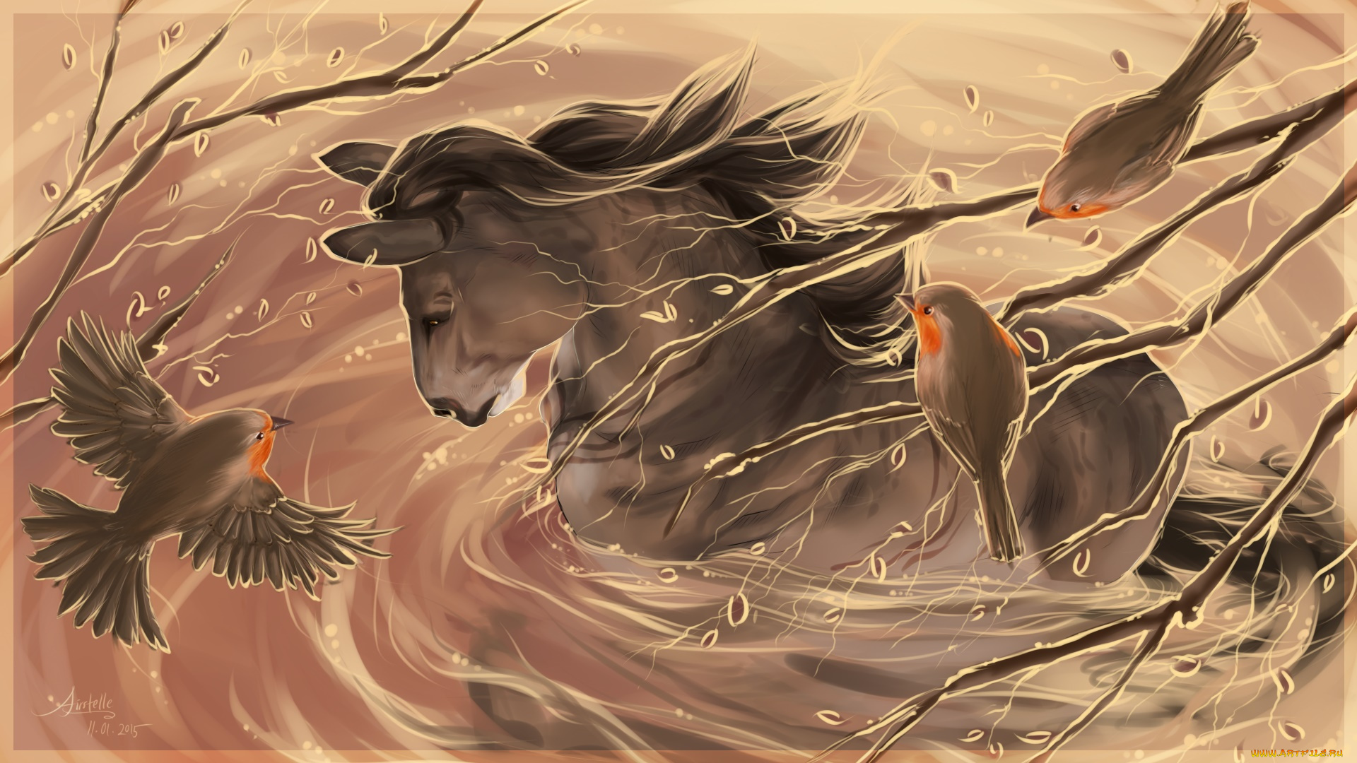 рисованное, животные, , лошади, ветки, грива, лошадь, фон, птицы