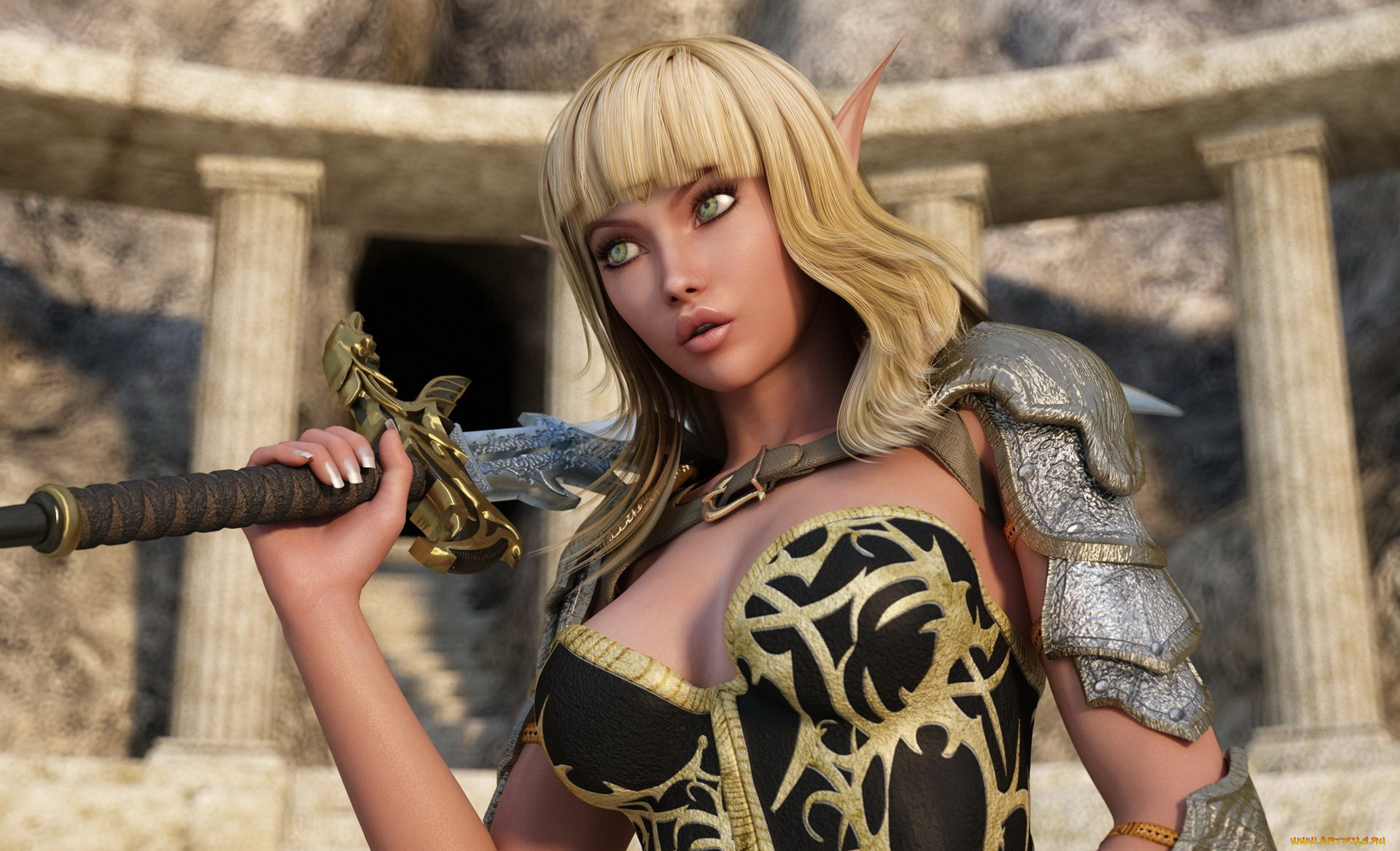 3д, графика, эльфы, , elves, девушка, фон, взгляд, эльф, меч