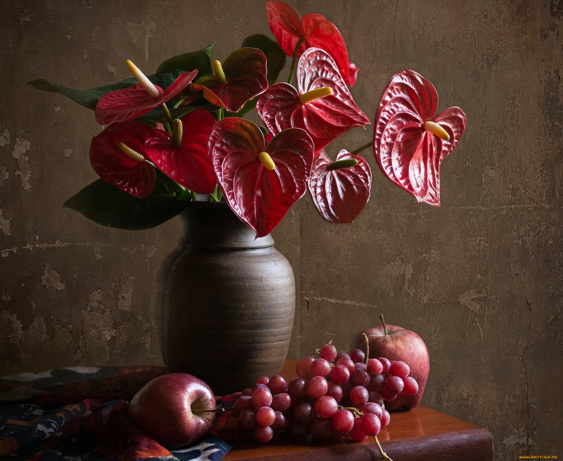 еда, натюрморт, цветы, фрукты, композиция, антуриум