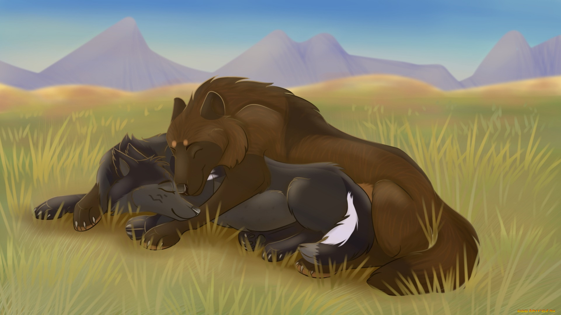 рисованное, животные, , собаки, луг, горы, собаки