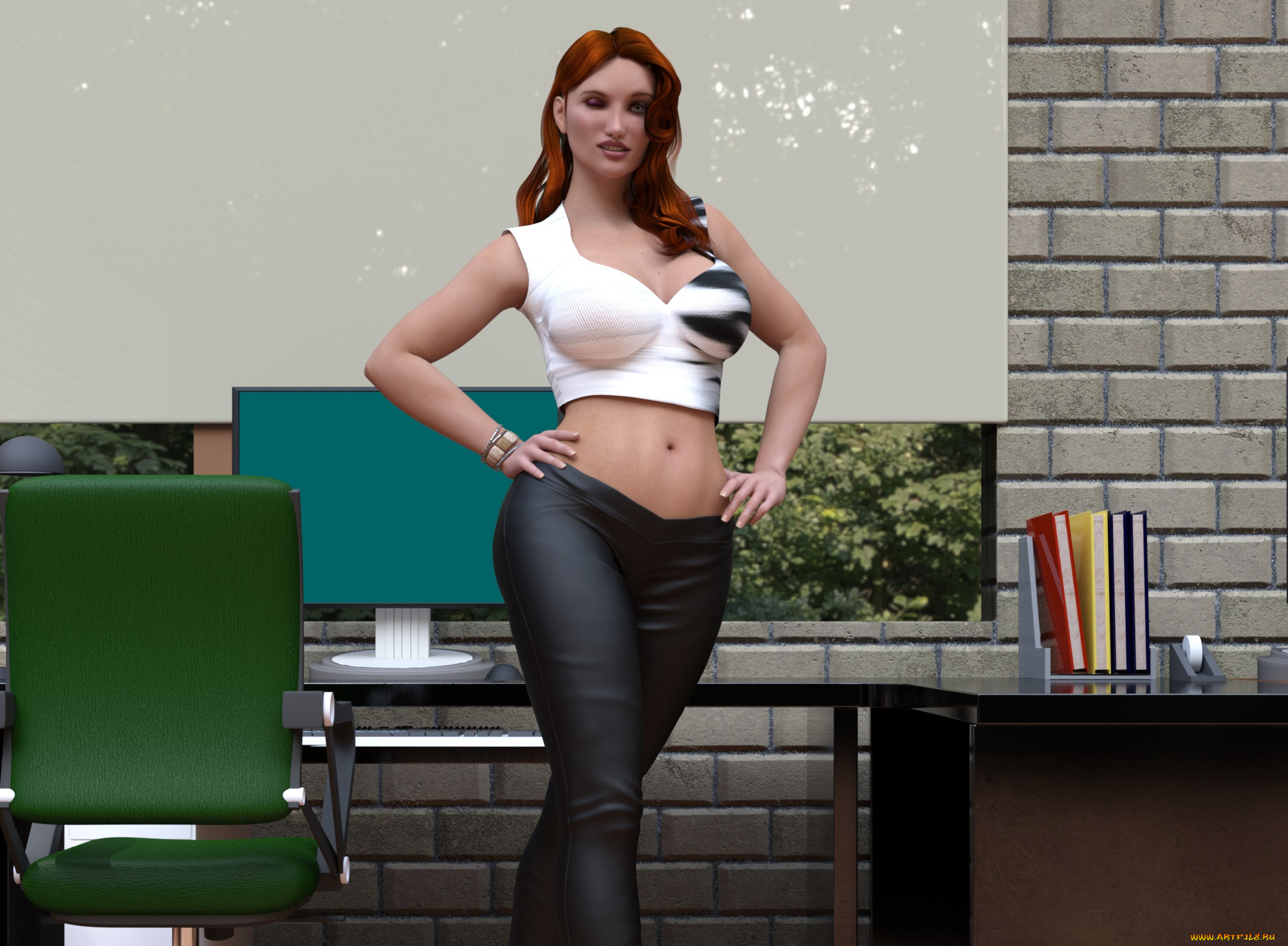 3д, графика, люди, , people, фон, взгляд, девушка, офис, стул, стол