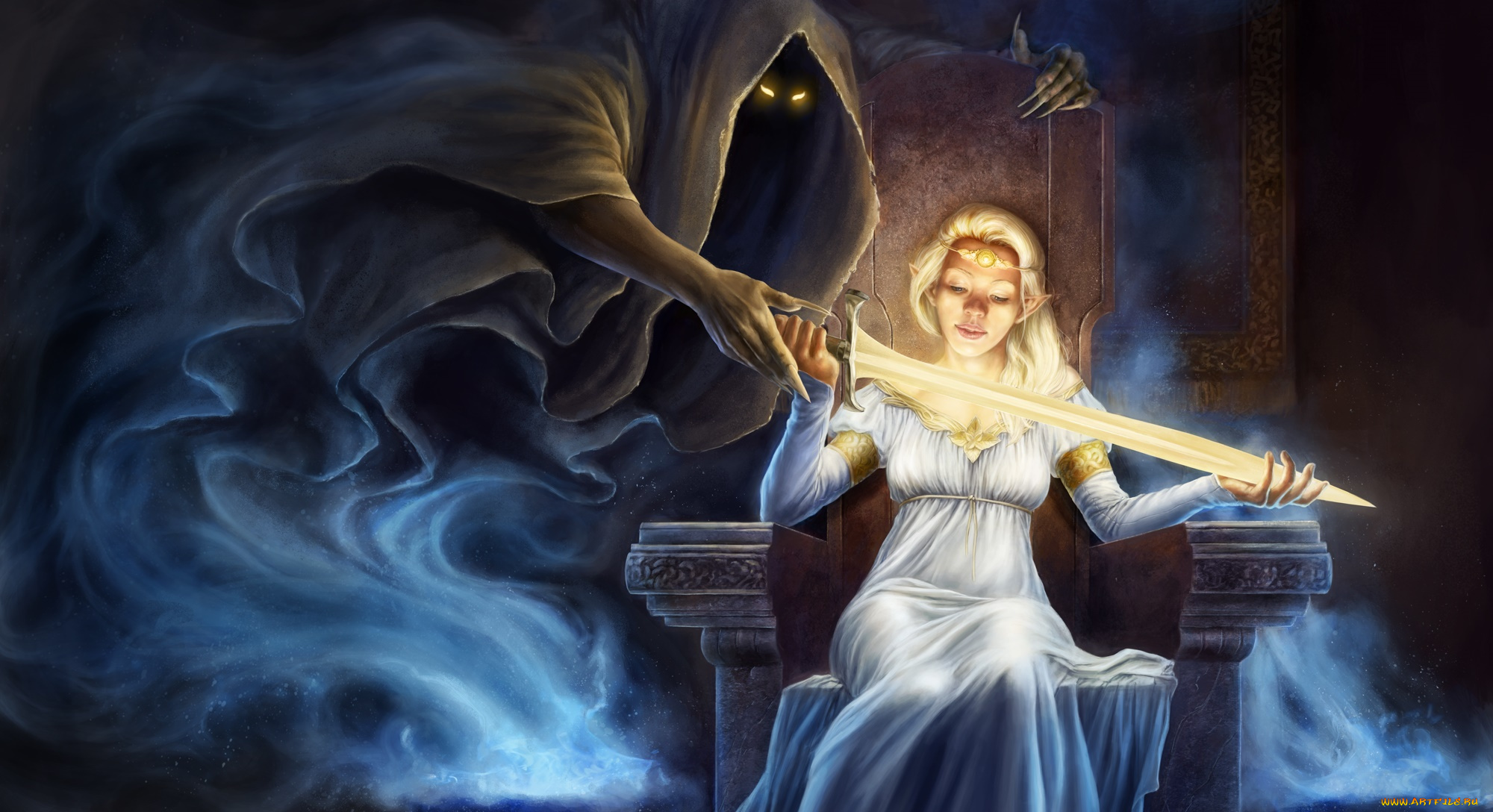 фэнтези, эльфы, оружие, фон, взгляд, эльфийка