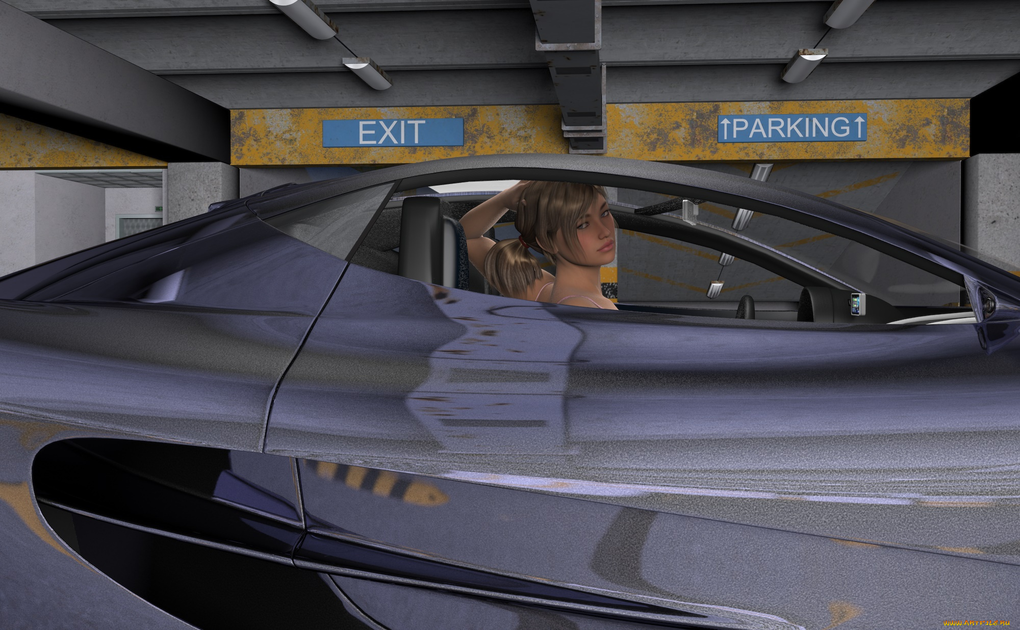 автомобили, 3d, car&girl, фон, взгляд, девушка, автомобиль