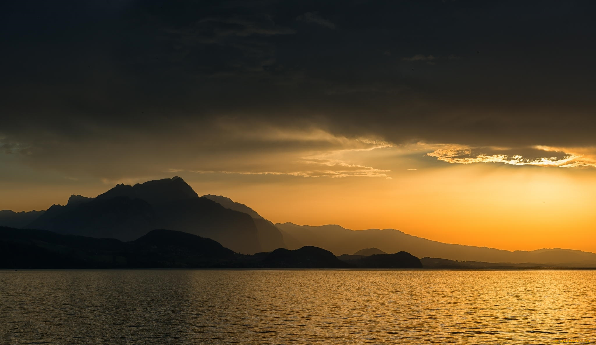 природа, побережье, пейзаж, озеро, горы, рассвет