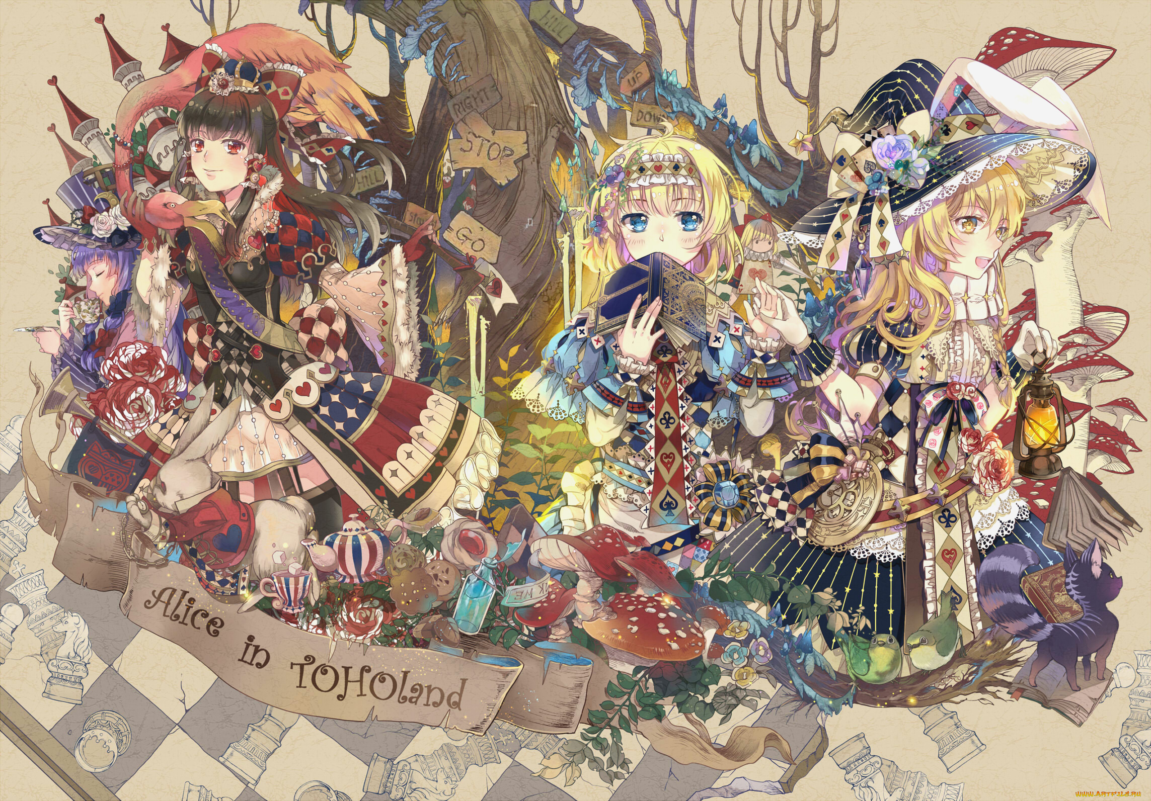 аниме, touhou, hakurei, reimu, alice, margatroid, in, wonderland, девушки, арт, patchouli, knowledge, ekira, nieto, kirisame, marisa, hourai