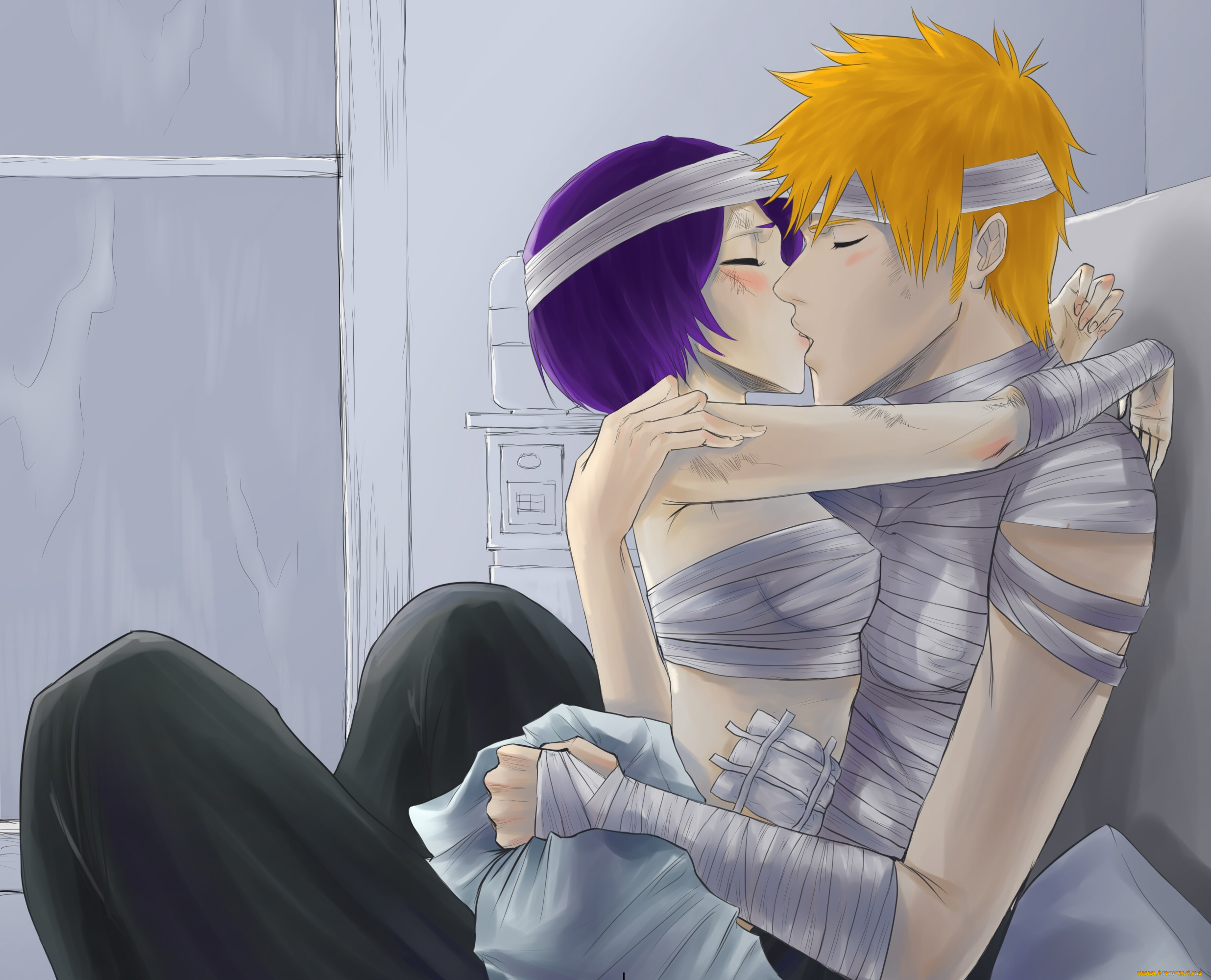 аниме, bleach, арт, блич, поцелуй, ичиго, рукия