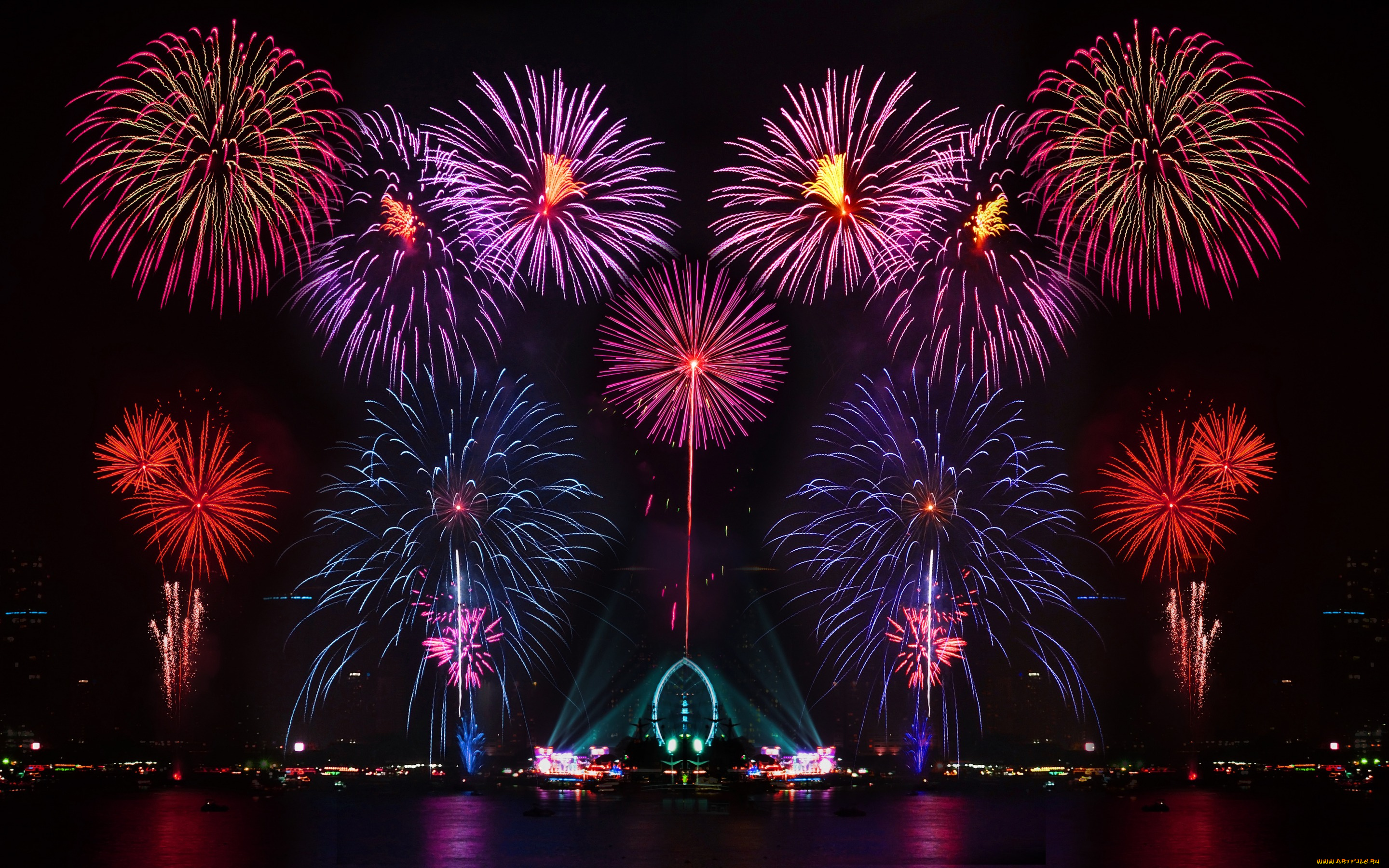 разное, салюты, , фейерверки, ночь, reflection, colorful, lights, night, fireworks, огни, салют, city, water