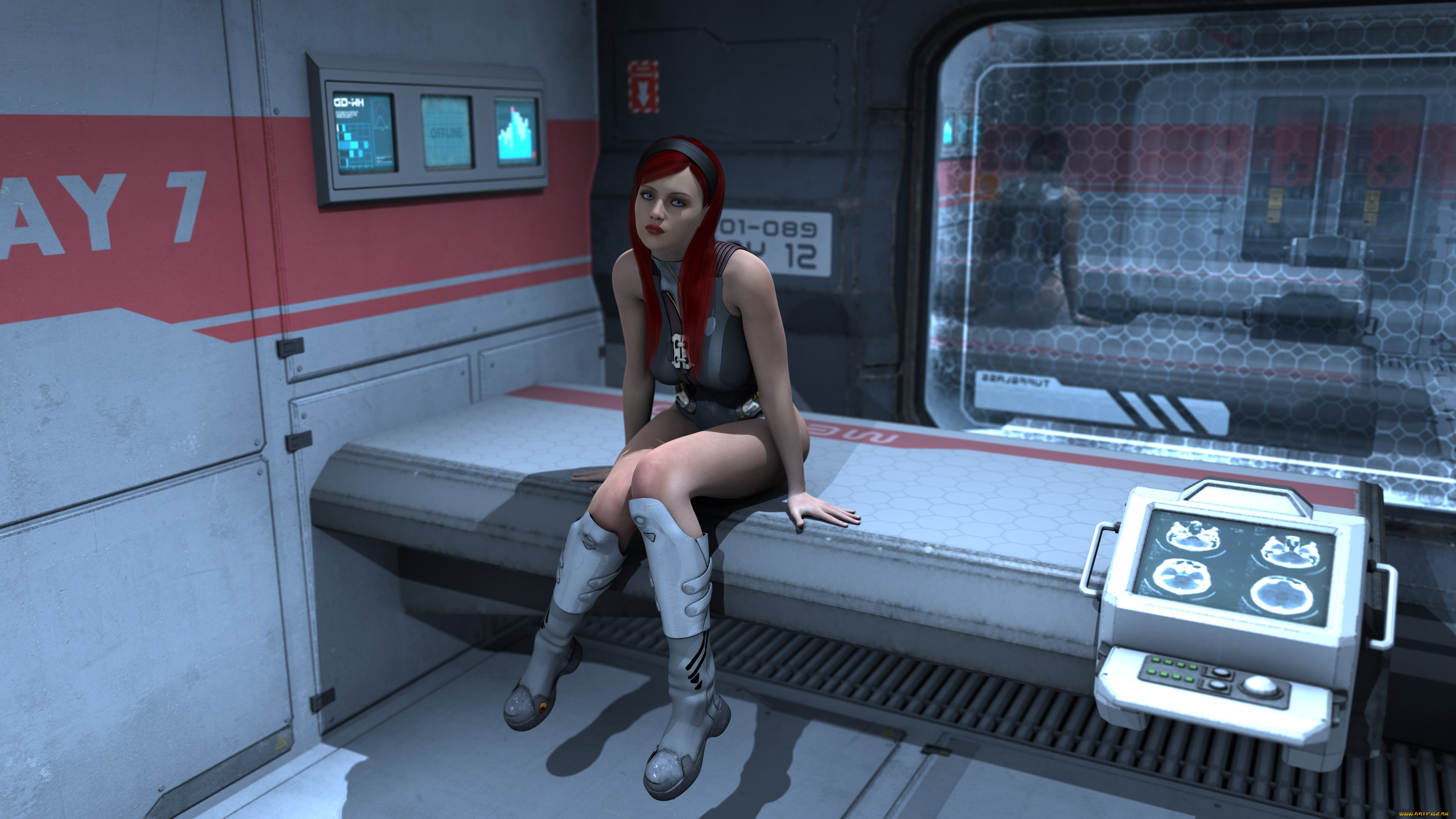 3д, графика, фантазия, , fantasy, рыжая, взгляд, девушка, фон