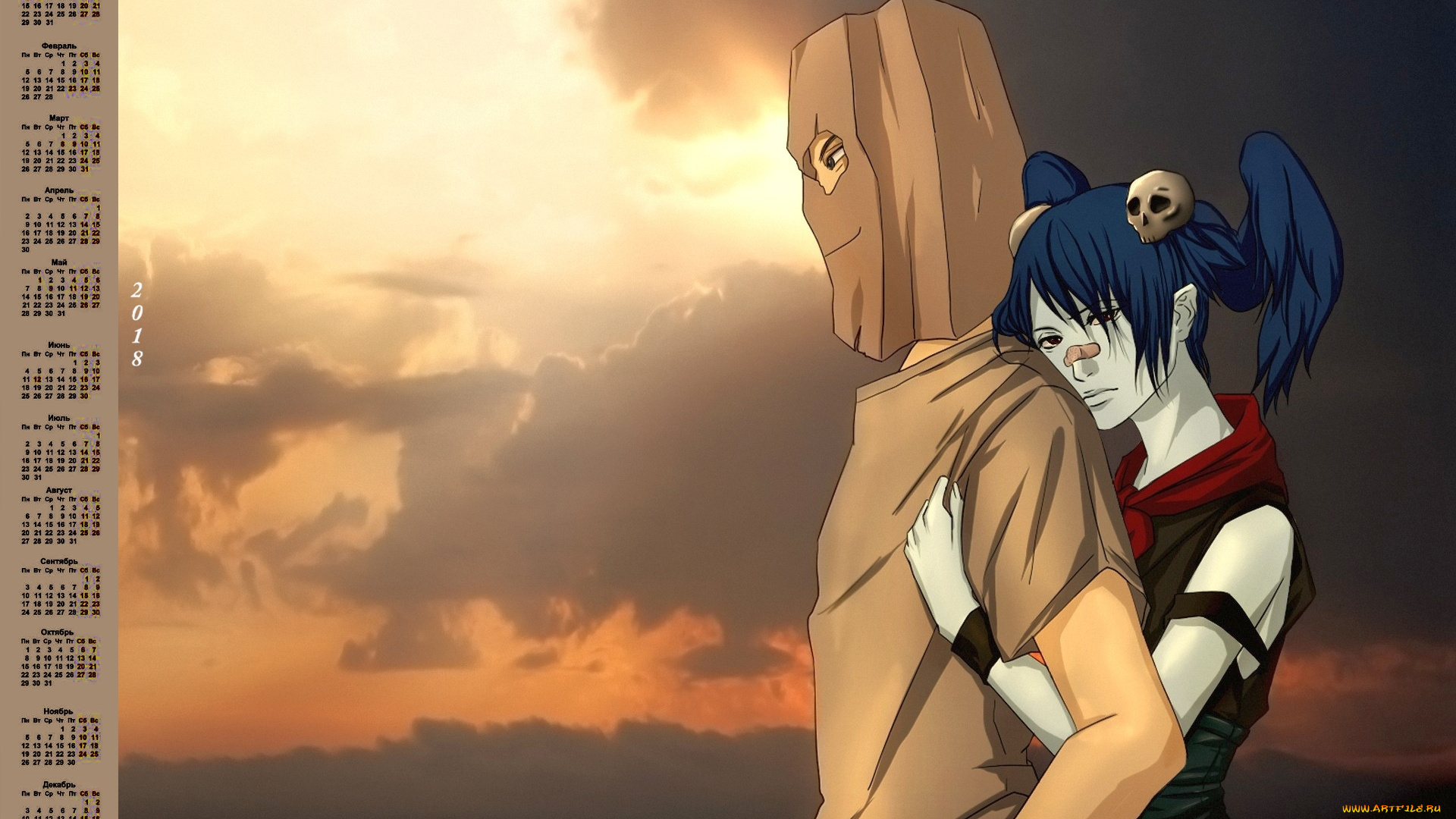 календари, аниме, череп, парень, взгляд, девушка, 2018, объятие