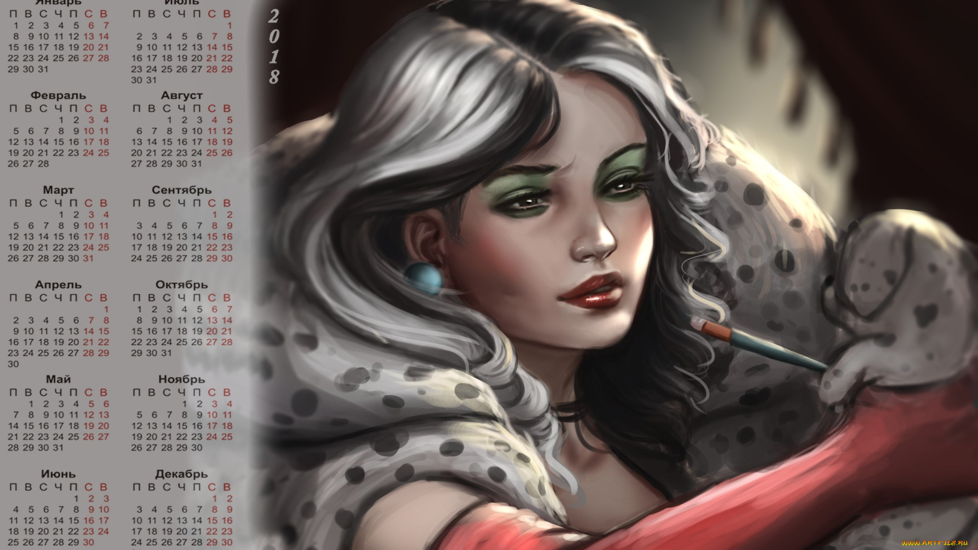 календари, рисованные, , векторная, графика, взгляд, сигарета, 2018, девушка