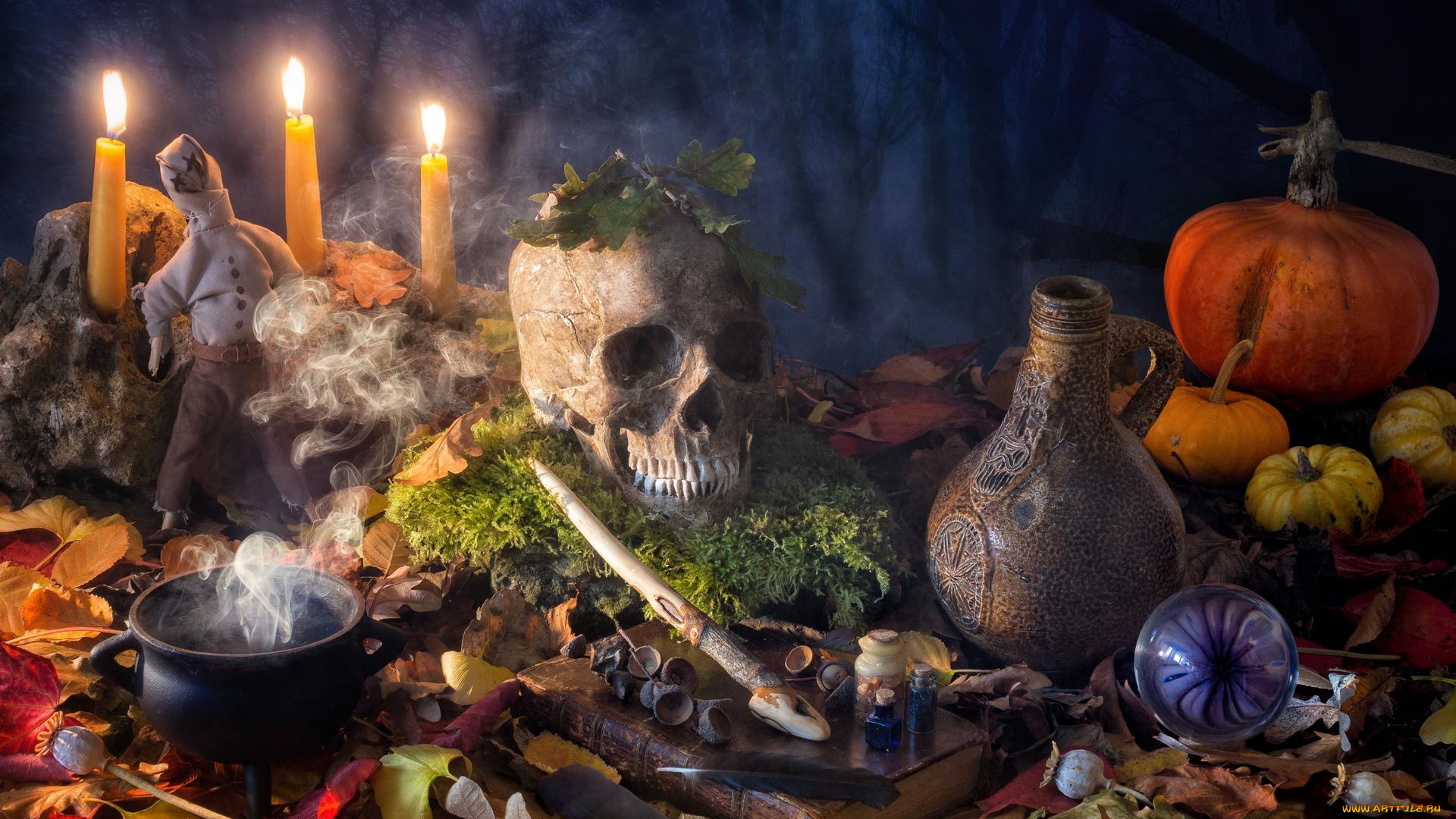 праздничные, хэллоуин, тыква, череп, свечи, halloween, натюрморт