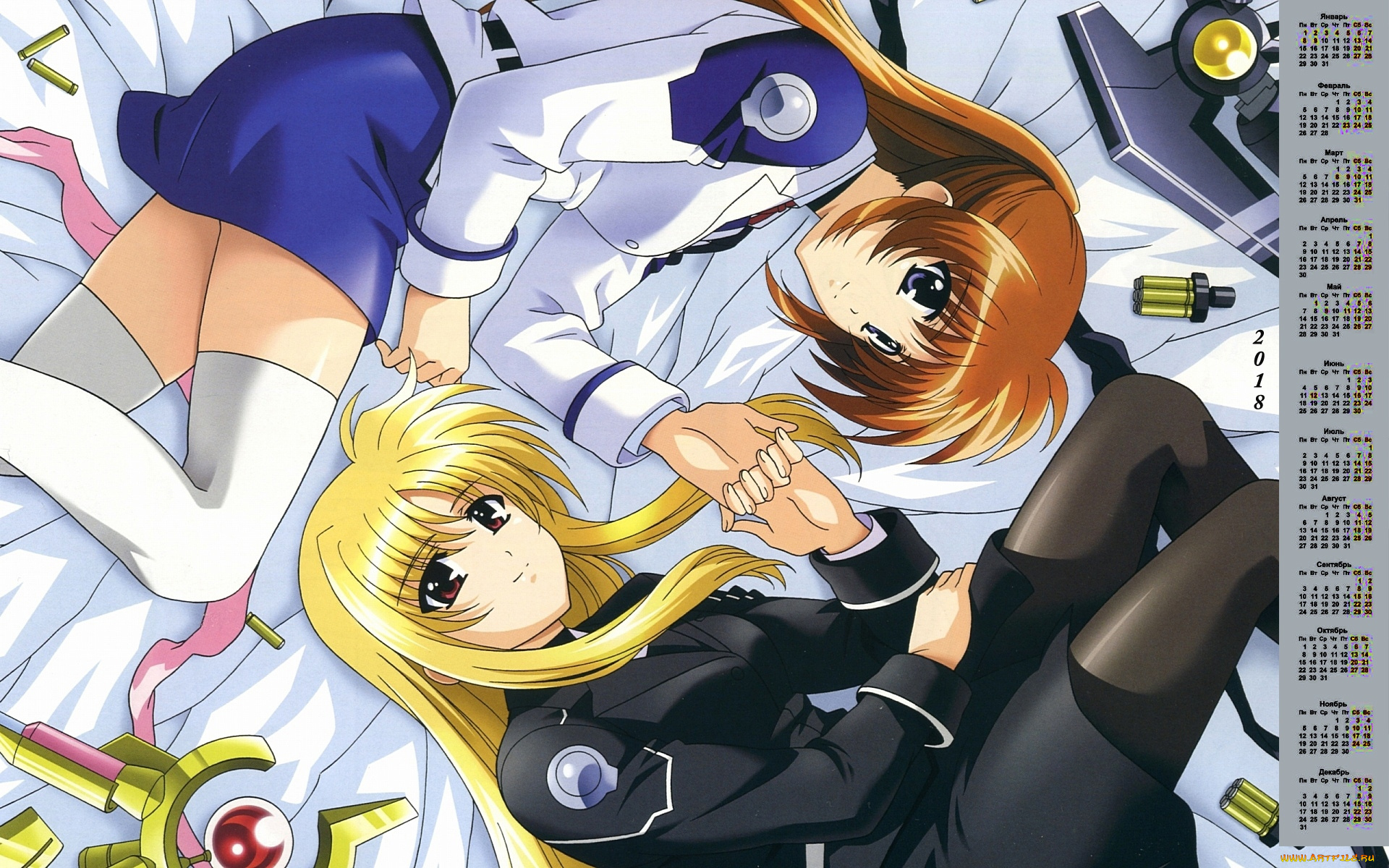 календари, аниме, 2018, прикосновение, униформа, девушка, двое