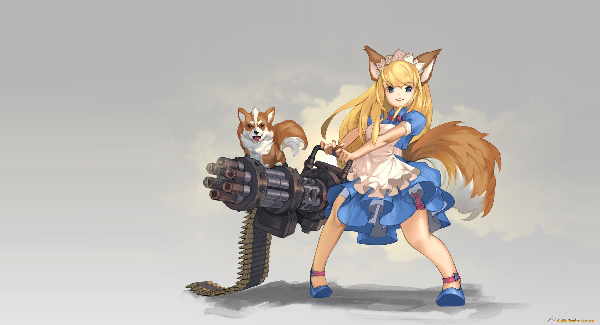 аниме, животные, , существа, взгляд, девушка, фон