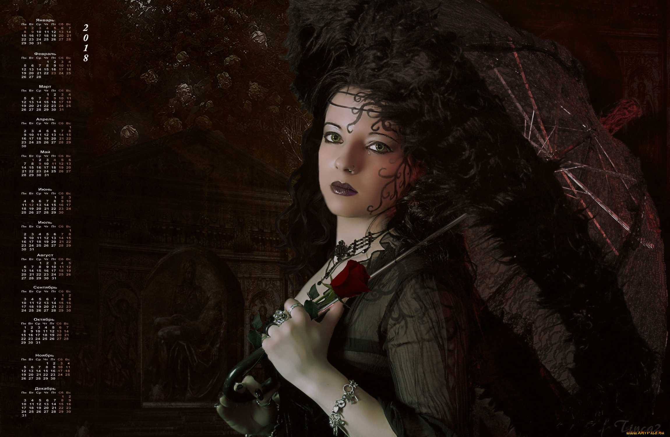 календари, девушки, взгляд, украшения, зонт, 2018