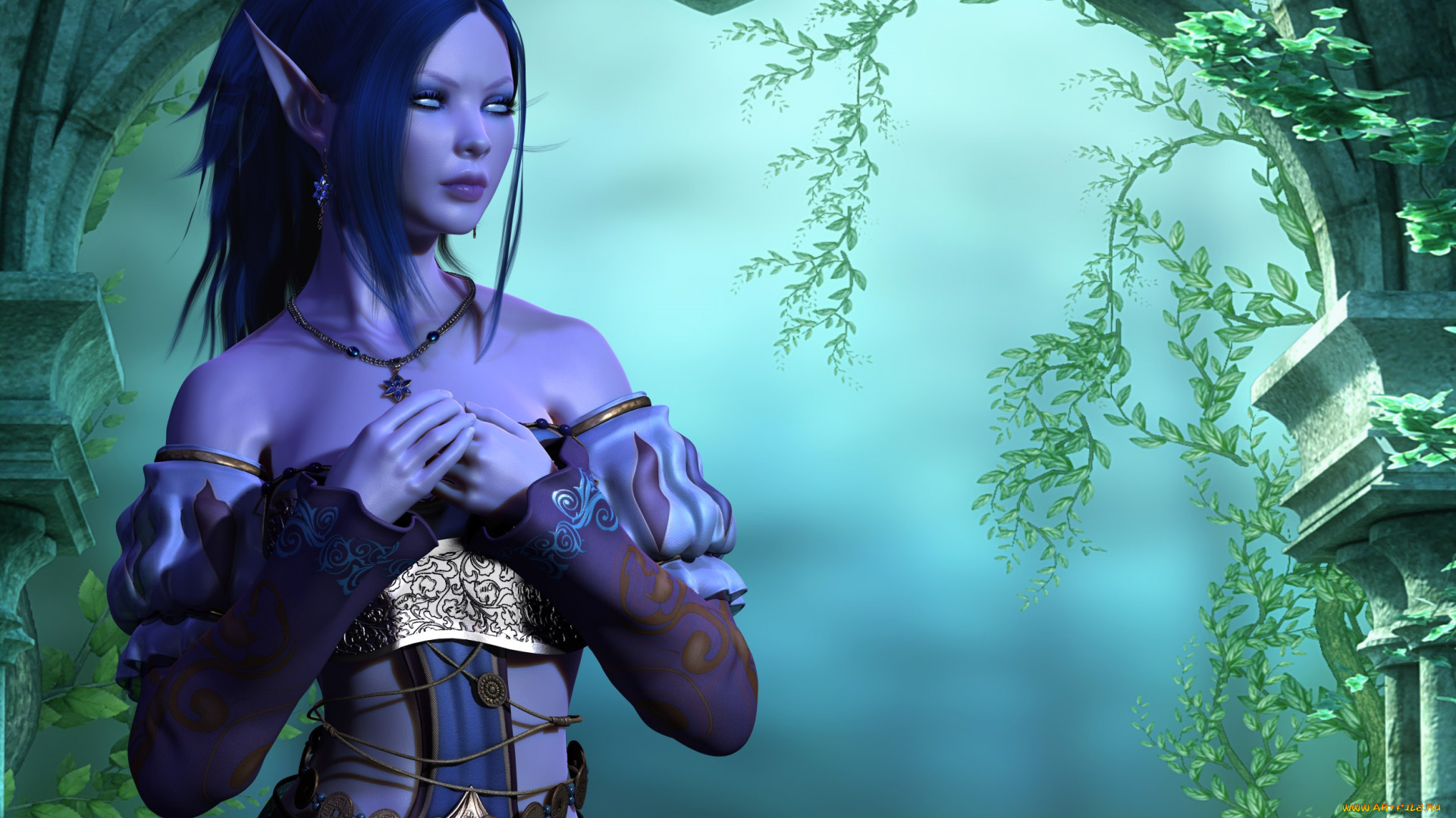 3д, графика, эльфы, , elves, взгляд, эльфийка, фон