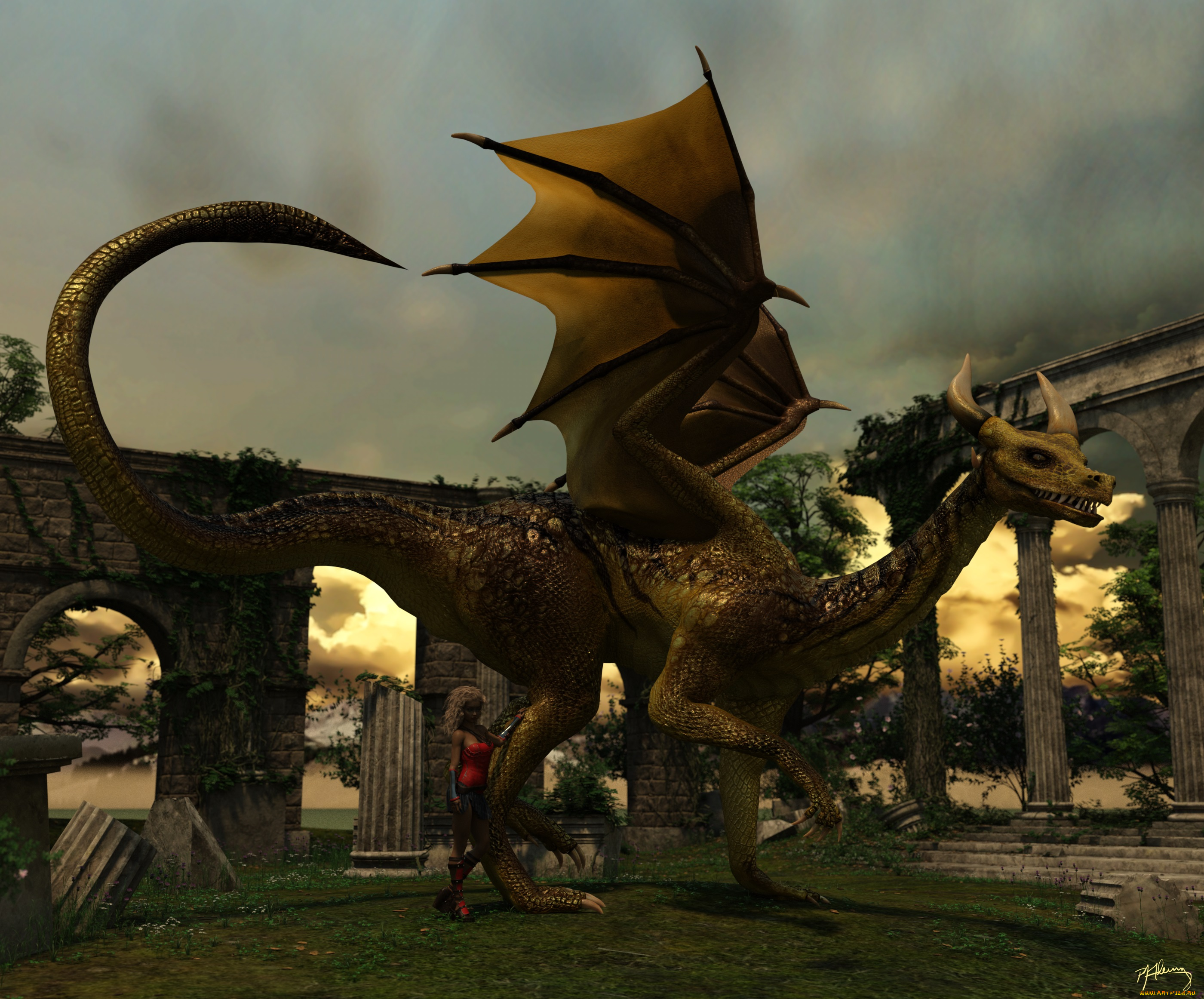 3д, графика, фантазия, , fantasy, взгляд, девушка, дракон, фон