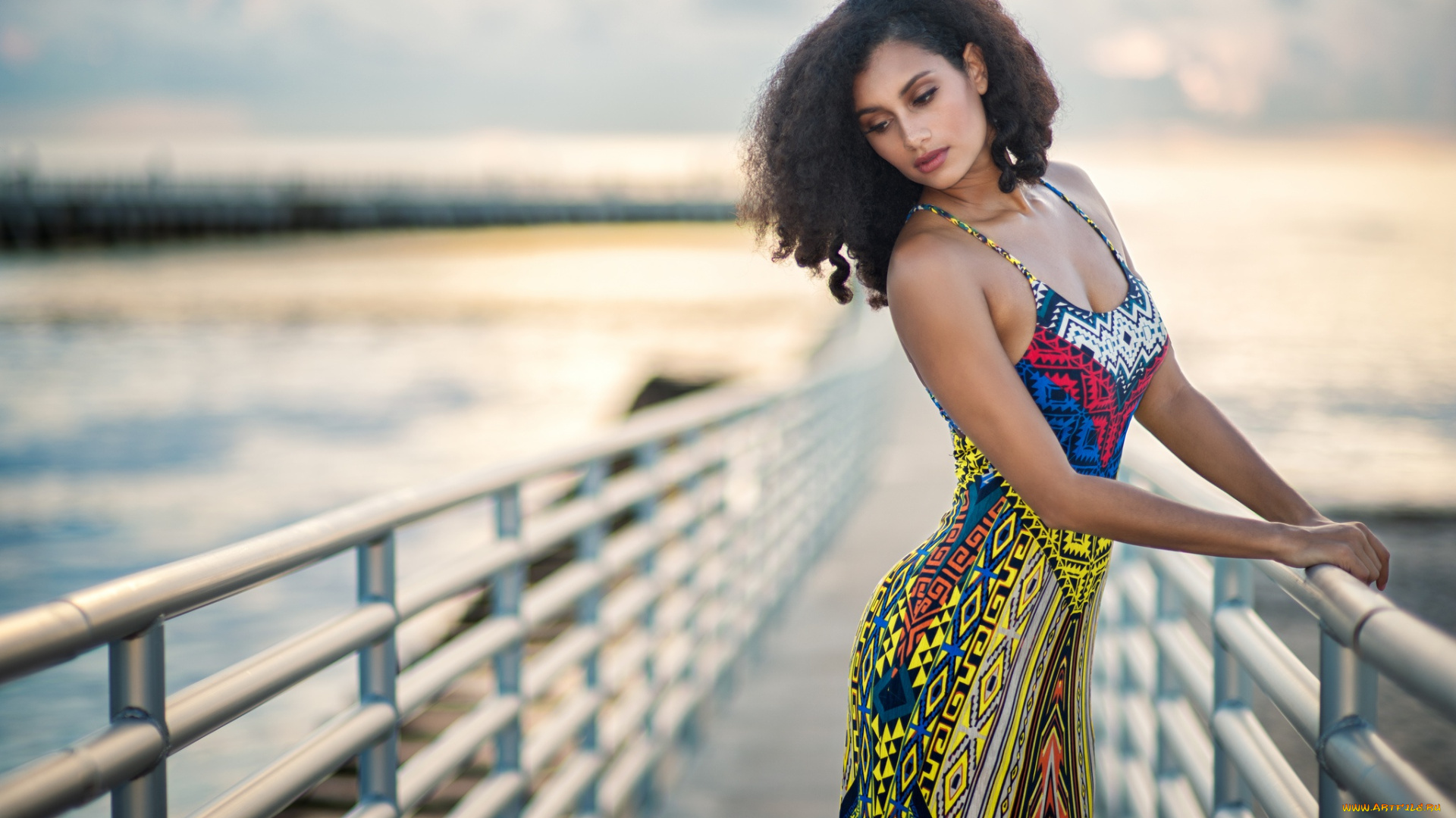 девушки, -unsort, , брюнетки, темноволосые, платье, поза, брюнетка, модель, девушка, мост, макияж, взгляд, причёска