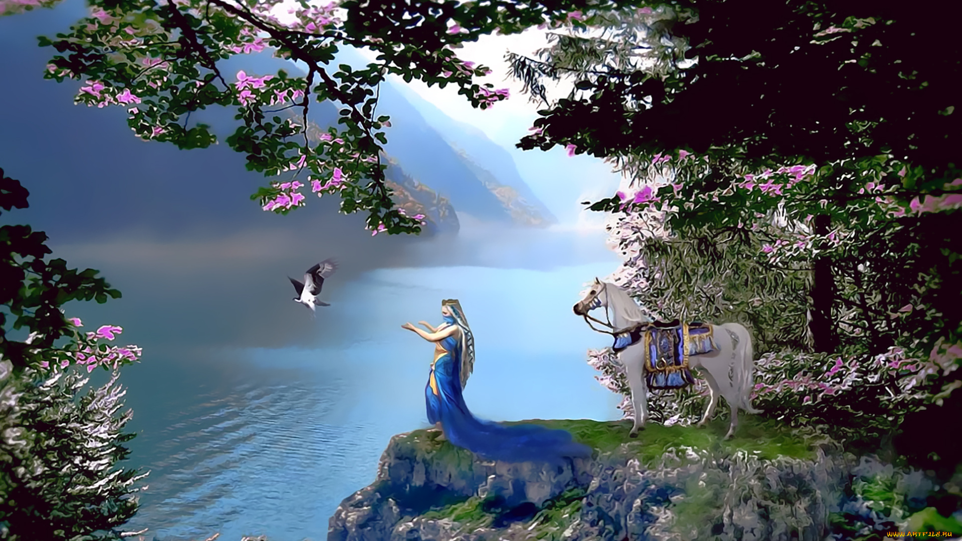 календари, фэнтези, 2019, calendar, конь, лошадь, девушка, природа, водоем, птица