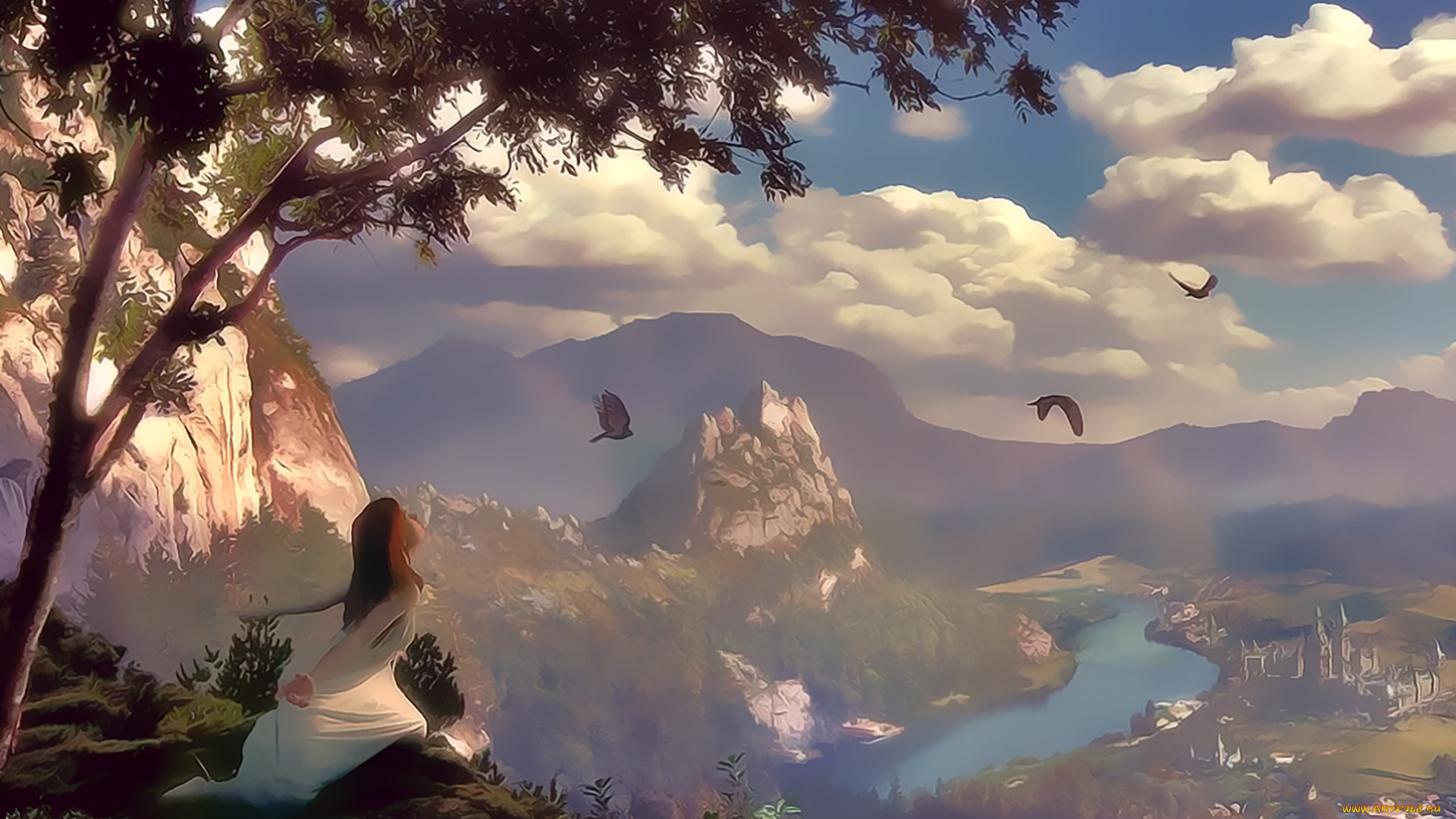 календари, фэнтези, calendar, водоем, растение, облако, девушка, гора, природа, птица, 2019