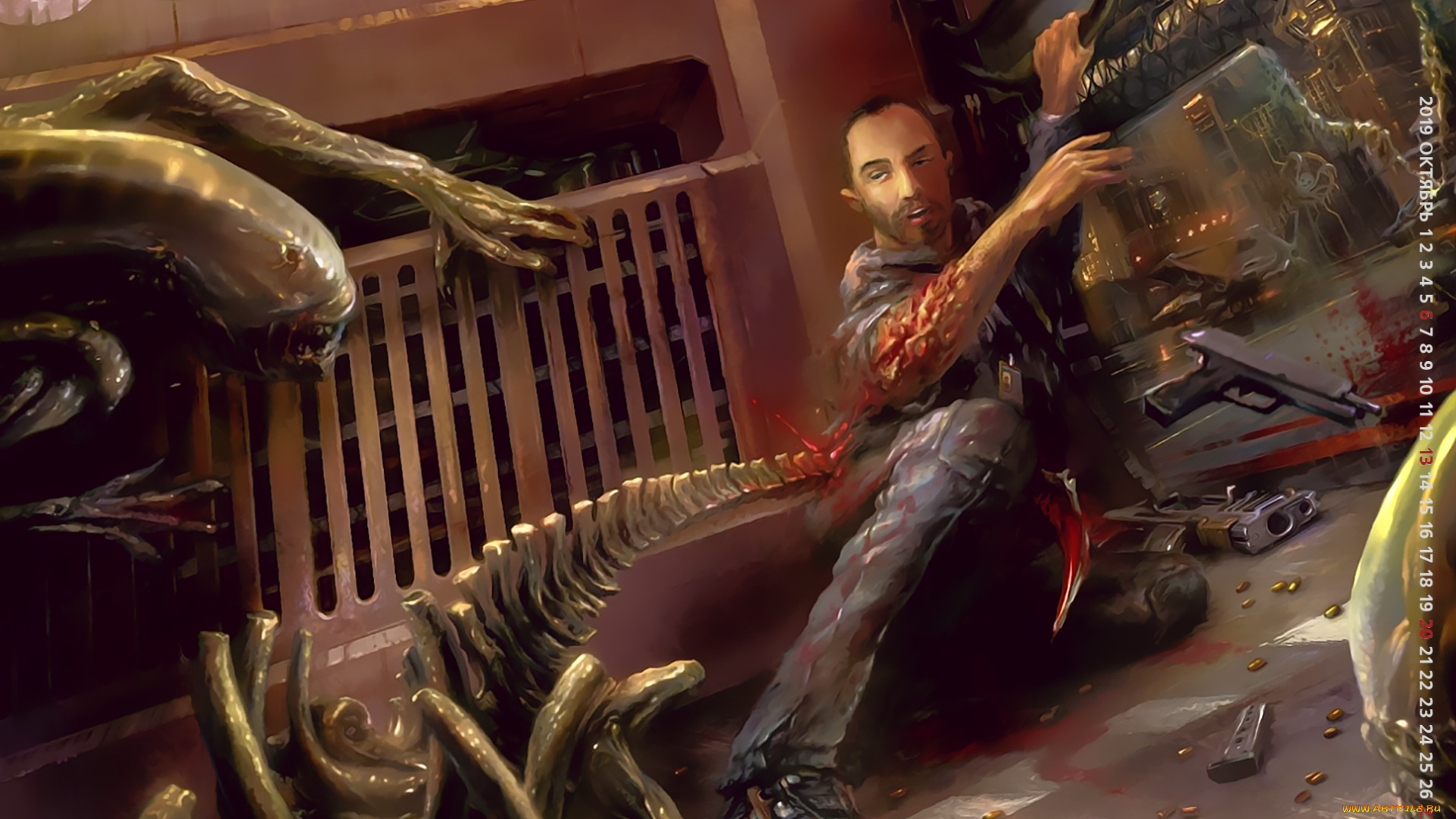 календари, фэнтези, мужчина, монстр, пистолет, существо, calendar, 2019